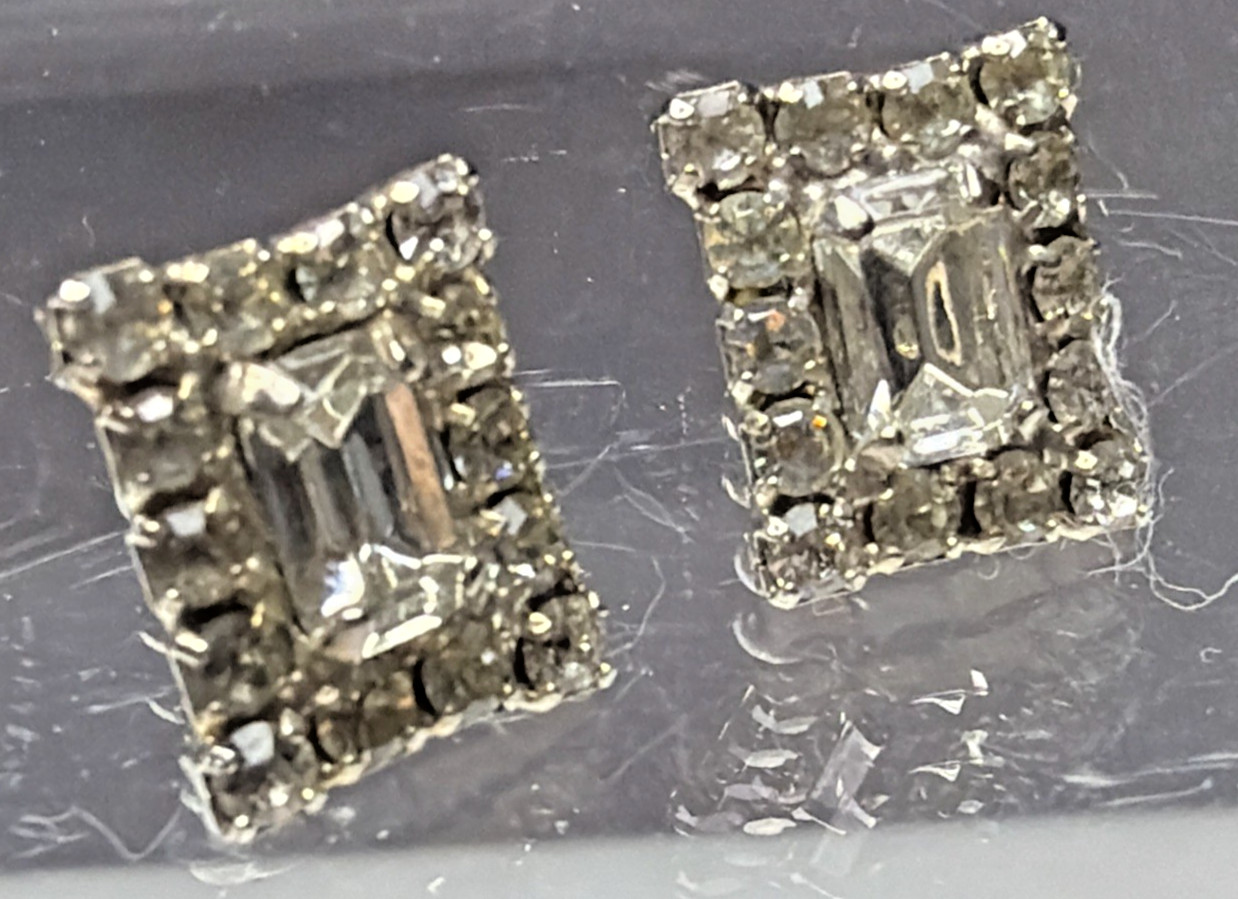 Vintage Emerald Cut Baguette Rhinestone Halo Cluster Pierced Earrings Prong Stud