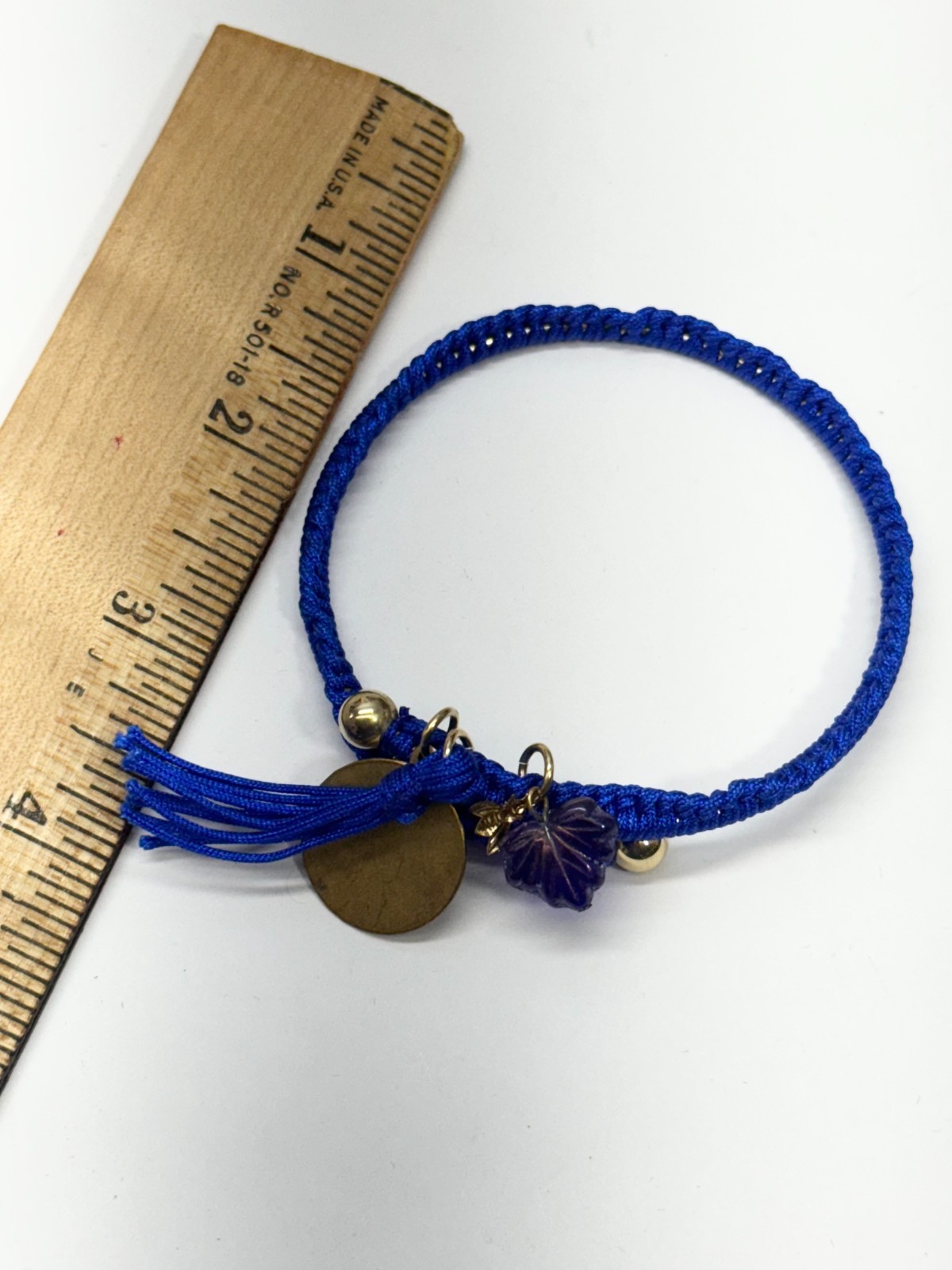 Vintage blue Jewish star glass leaf charm tassel bracelet bangle