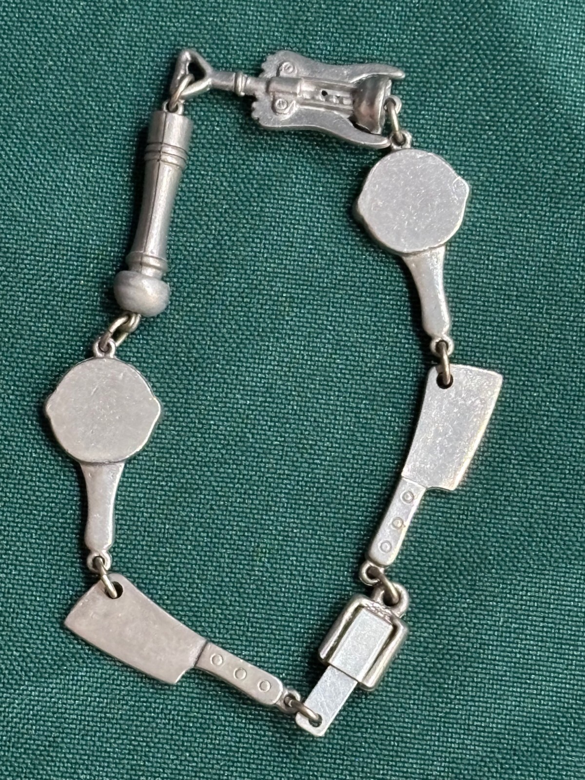 Vintage J. Clift Pewter Bracelet Chef Theme Linked Charms Cook Kitchen 7-1/2in