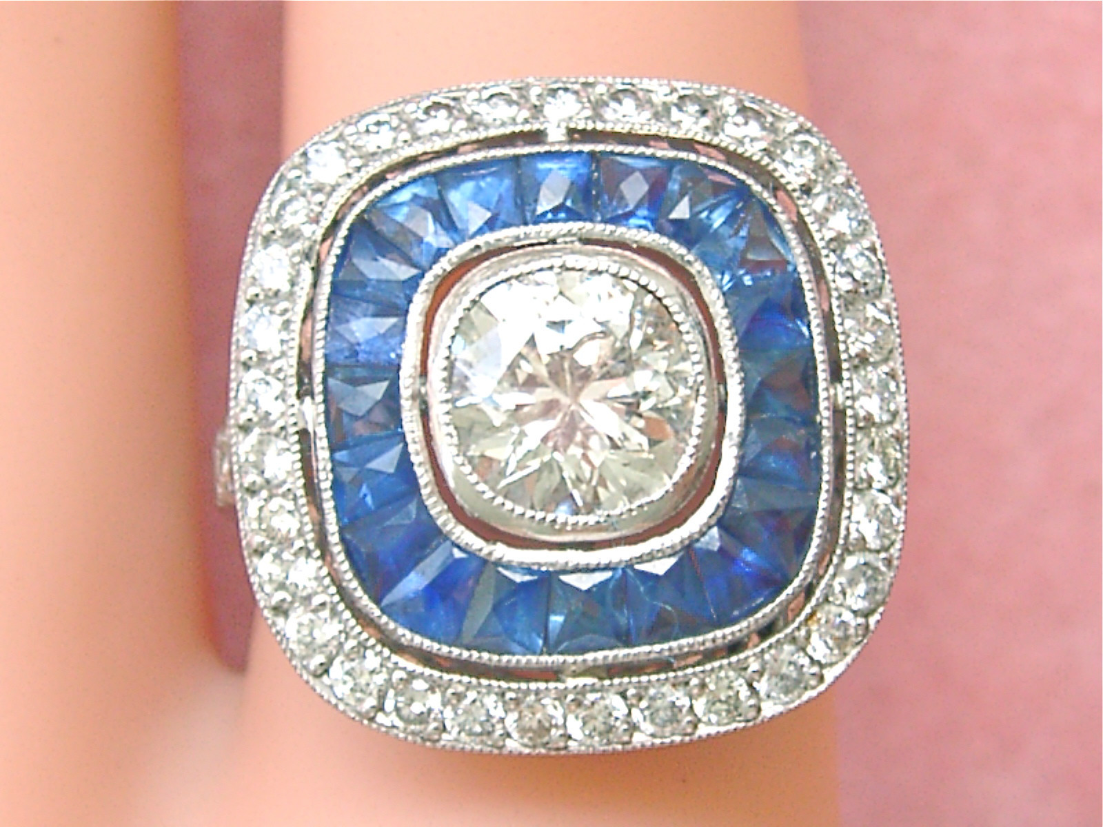ART DECO 1.97ctw DIAMOND 1.2ctw SAPPHIRE HALO ENGAGEMENT CUSHION COCKTAIL RING