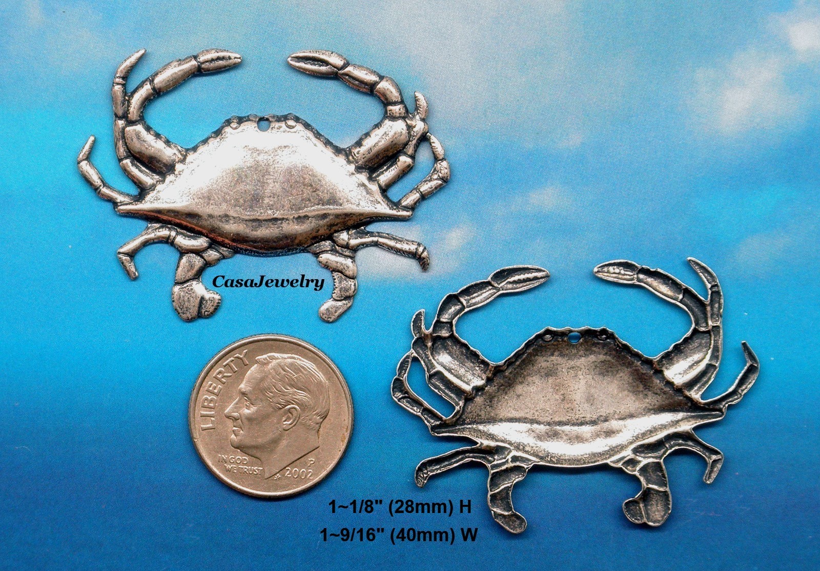 #0200 ANTIQUED STERLING SILVER PLATED CRAB W/TOP HANG HOLE – 4 Pc Lot