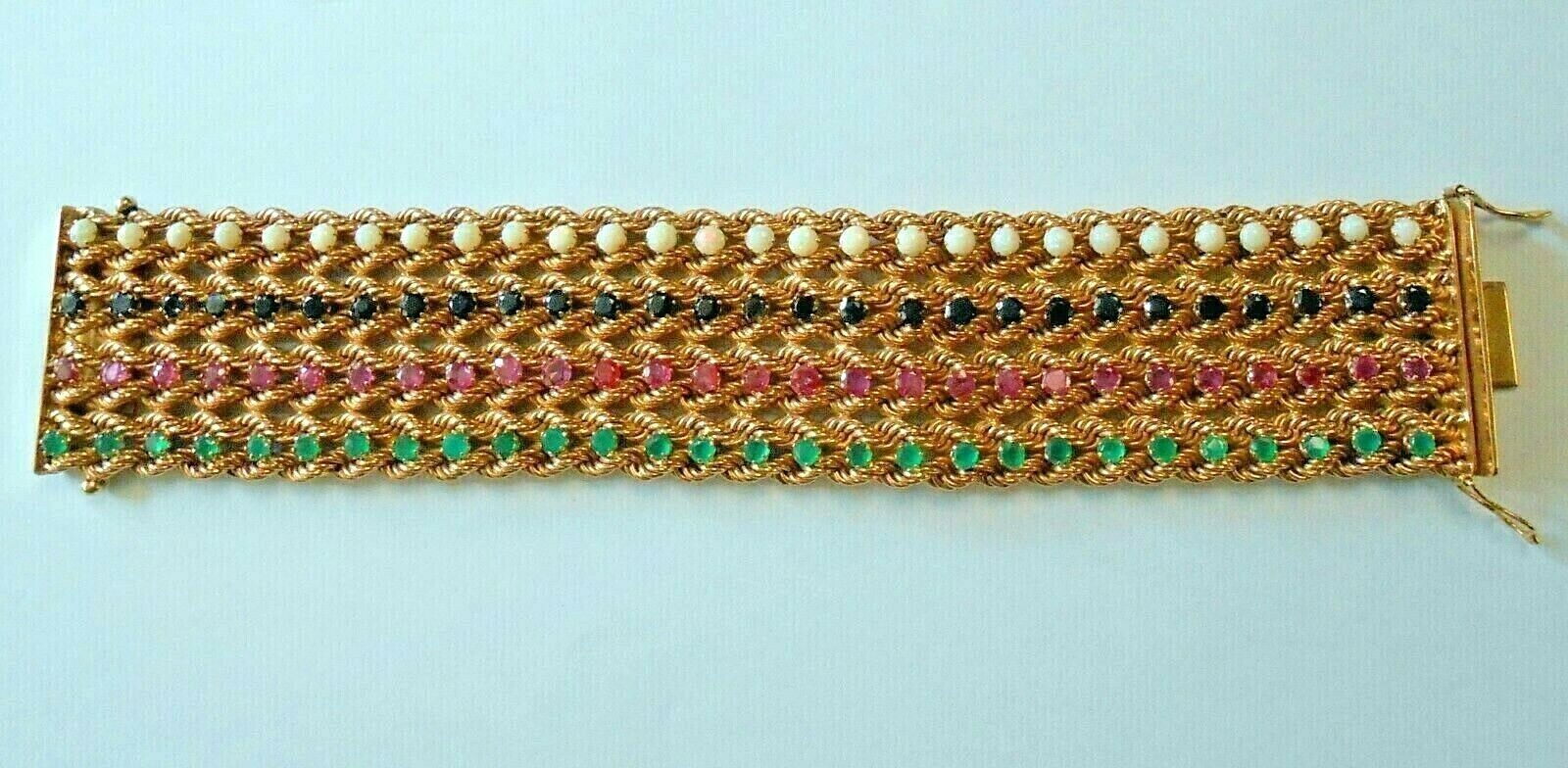 14K Yellow Gold Emerald Ruby Sapphire Opal Multi Strand Wide Bracelet 76 Grams