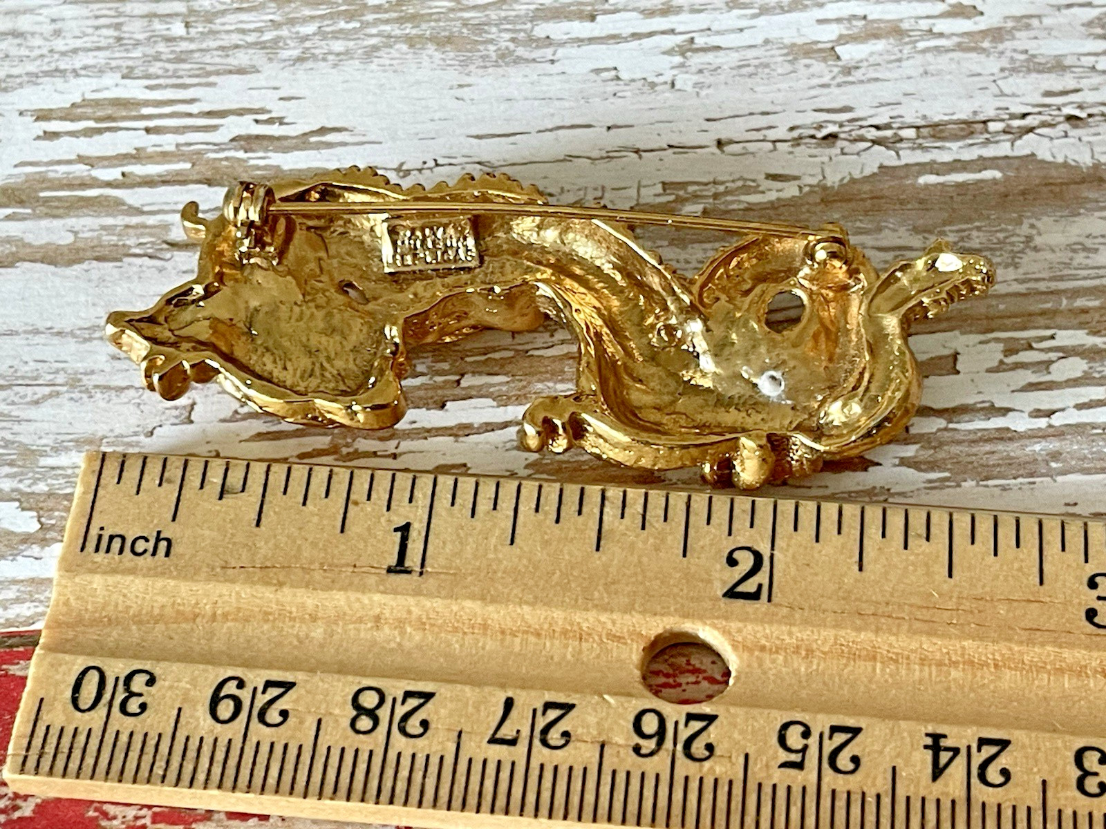 Vintage Alva Museum Replica Gold Tone Asian Menuki Dragon Brooch Pin