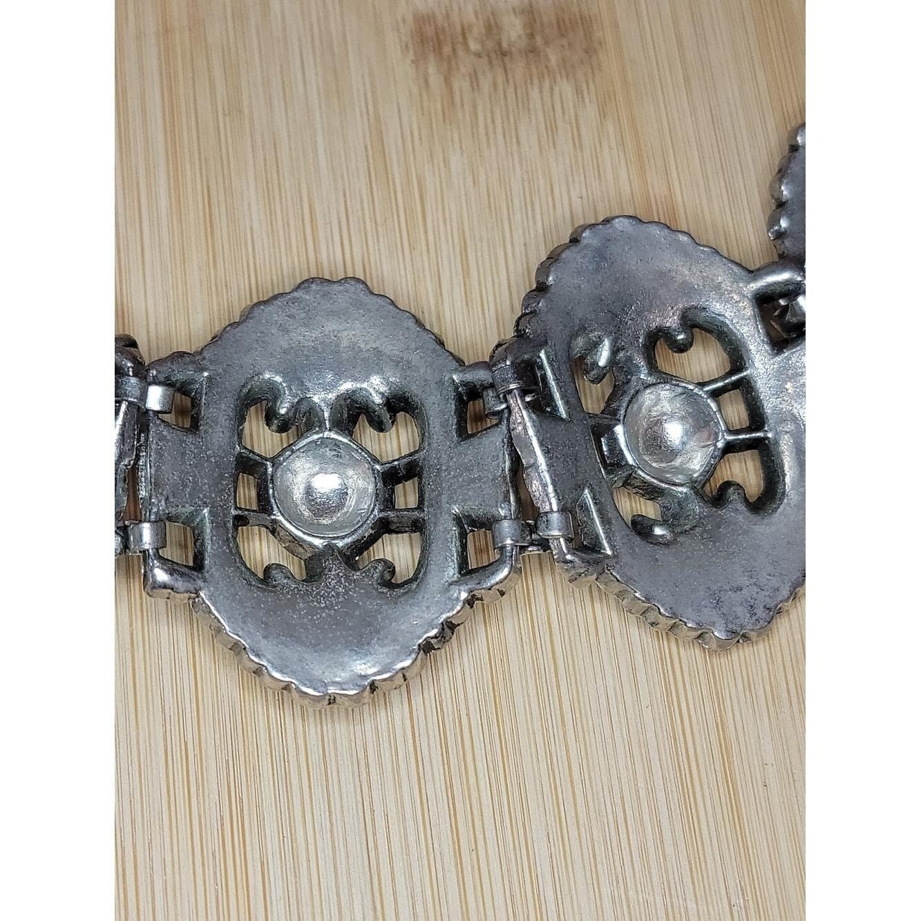 Vintage Art Deco Silver Tone Panel Bracelet Heavy Pot Metal Gothic Statement