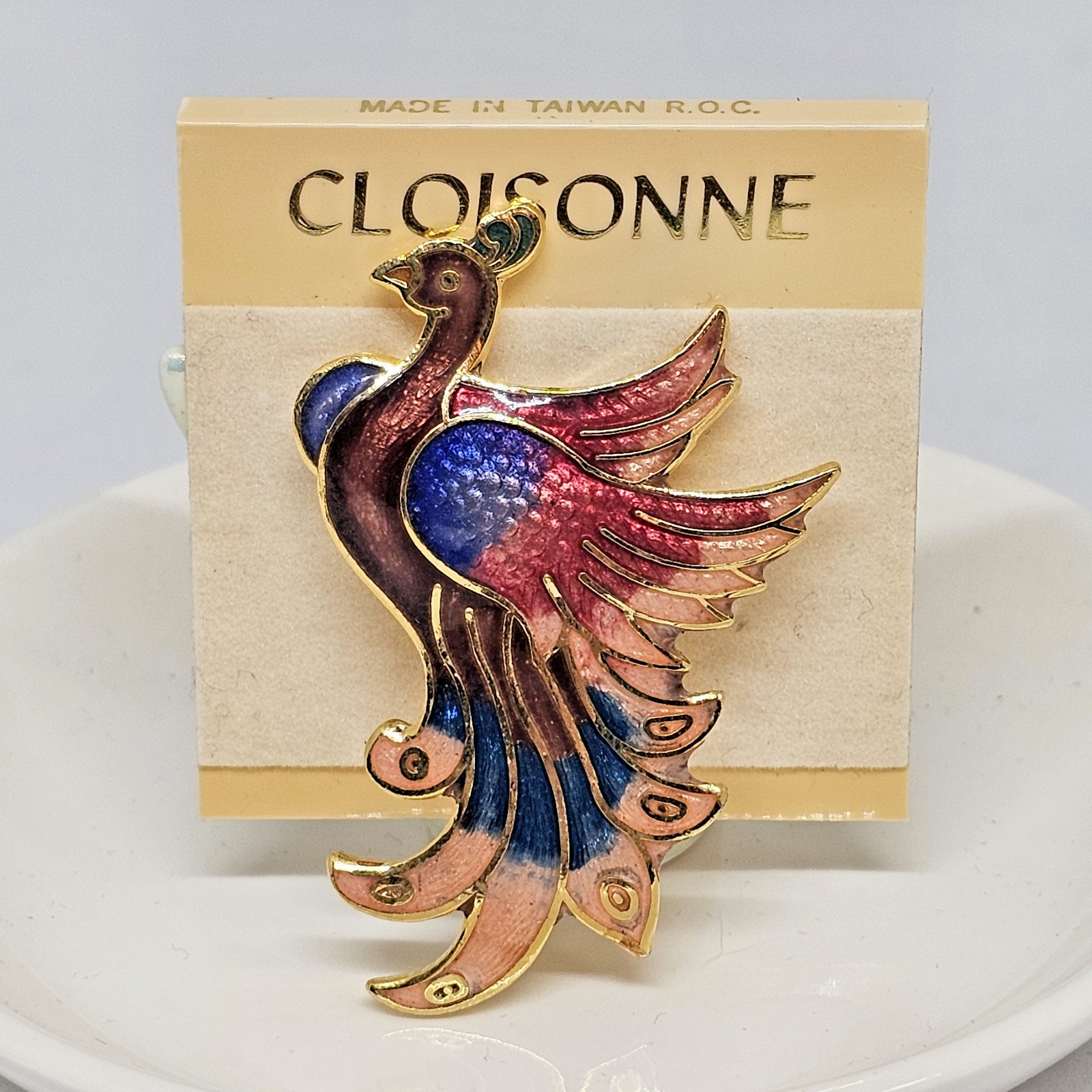 Vintage Cloisonne Enamel Bird Brooch Pin Blue Red Gold Bird
