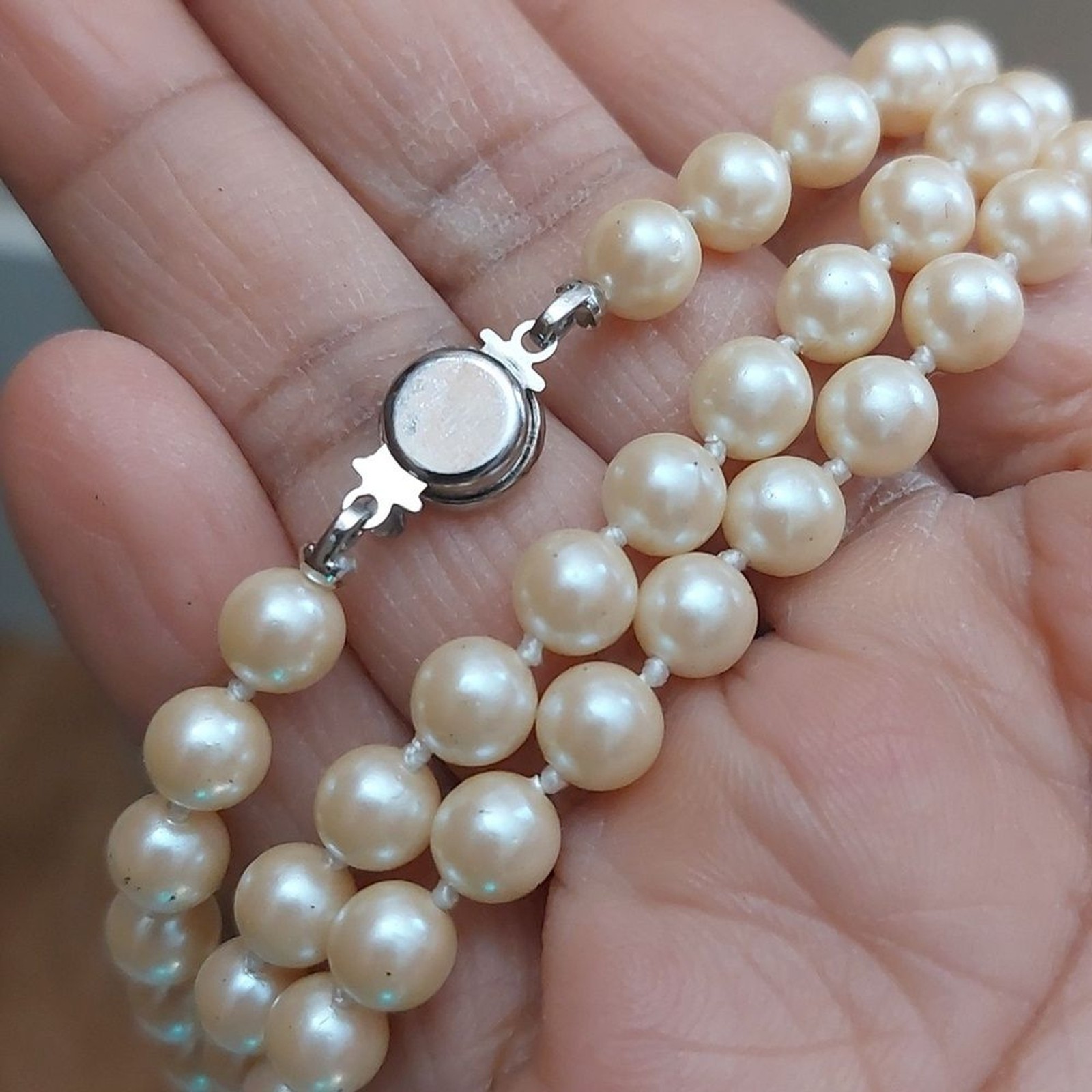 Vintage Classic Look Hand Knotted Faux Pearl Necklace Filigree Fish Hook Clasp