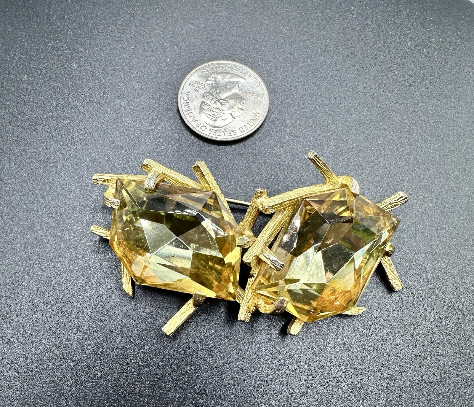 Vintage Brutalist Brooch With Yellow (Jonquil) Faceted Glass Stones