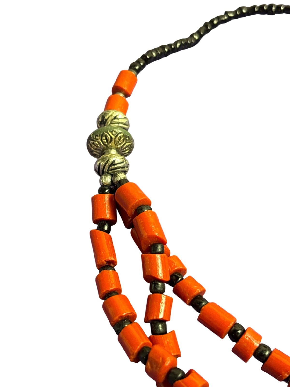 Vintage Artisan Beaded Necklace 2 Strands Red Black Silvertone Hook Clasp 21 in