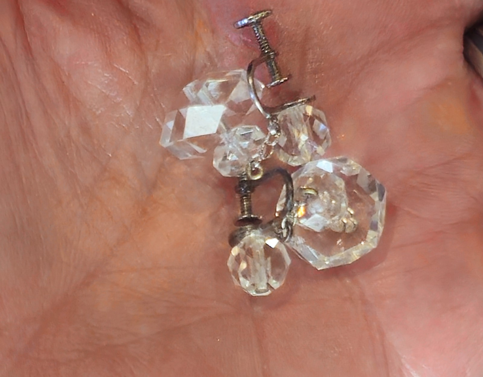Vintage Sterling Silver Clear Crystal Screw‑Back Earrings – Faceted Glass Drops,