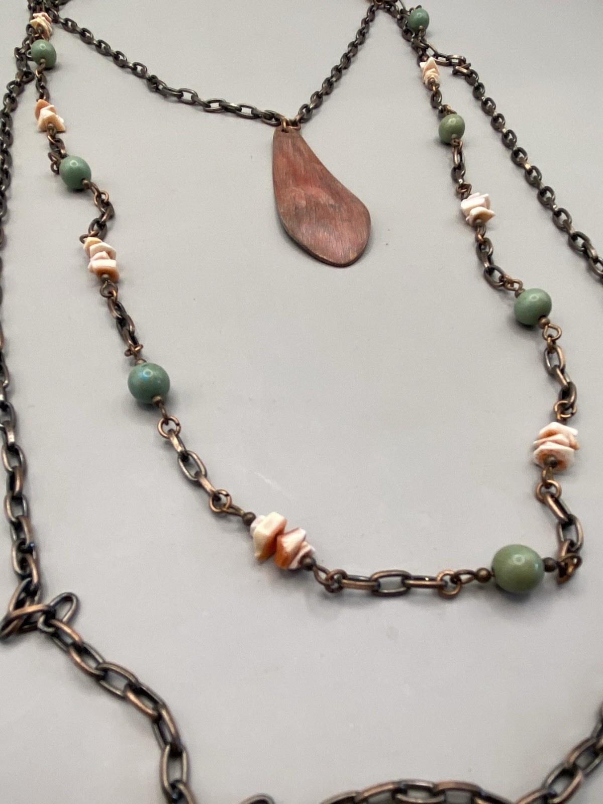 Vintage Three Chain Beaded Shell Necklace Acrylic Copper Tone Estate