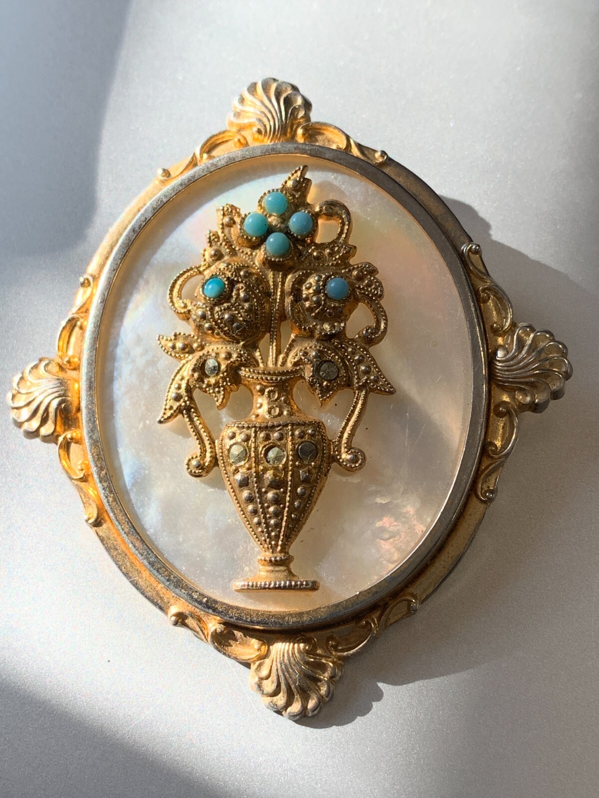 Mourning Pin Gold Wash Marquisate Turquoise Stones Florenza? Victorian Revival