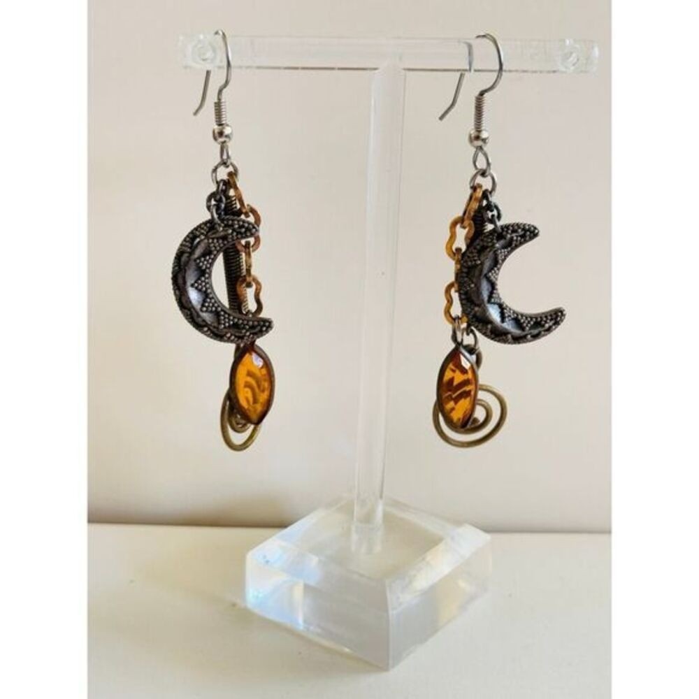 Chunky Earrings Silver brass Pierced dangle Crescent Moon Boho Modernist VTG 80s