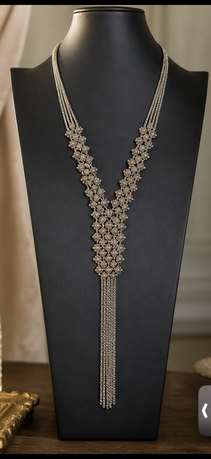 Vintage Silver Tone Statement Bib Necklace Tassel Fringe Cluster Bead Glam 70s