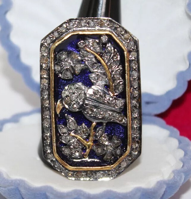 3.15ct Rose Cut Diamond 925 Silver Blue Enamel Wedding Cocktail Ring