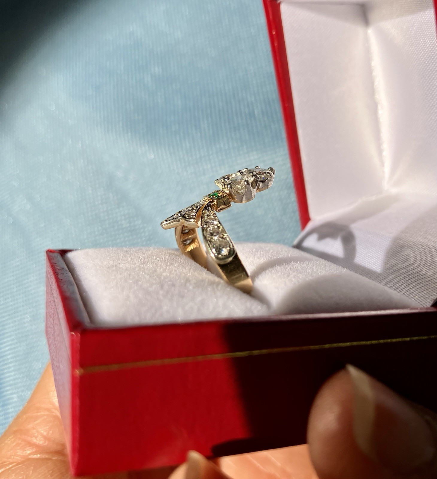 Art Deco French Duchess 18K Diamond And Emerald Ring