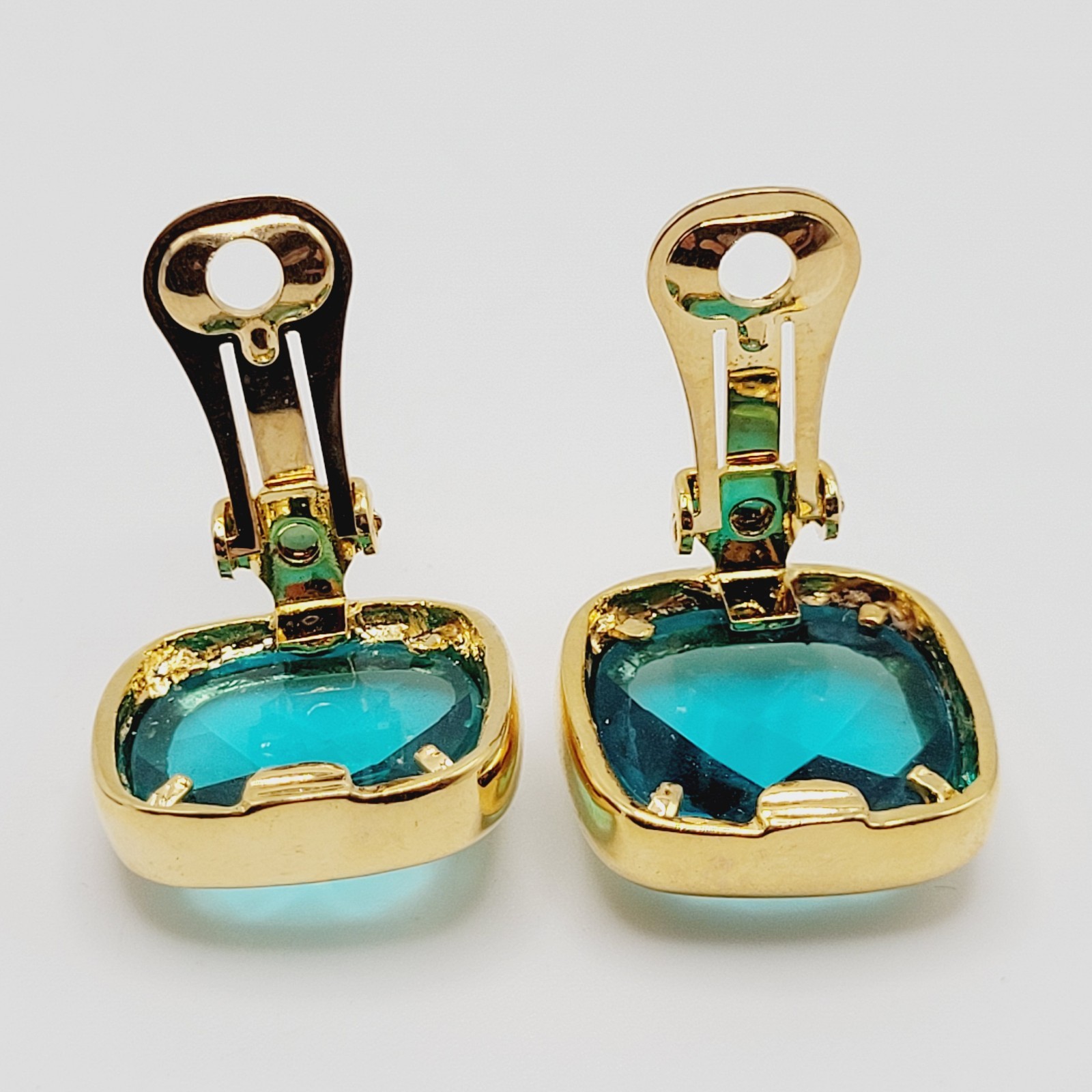 Aqua Light Blue Green Faceted Glass Soft Square Gold Tone Bezel Clip On Earrings