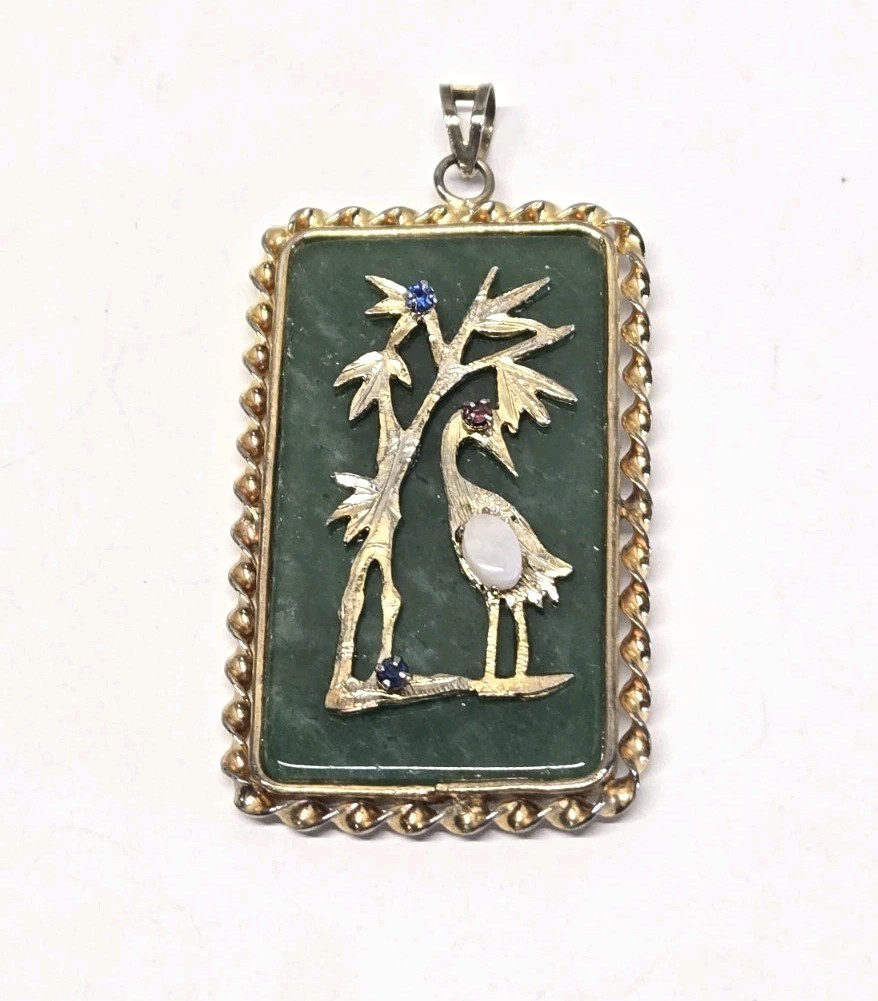 VTG Chinese Green Jade Pendant Crane Longevity Good Fortune Ruby Sapphire Opal