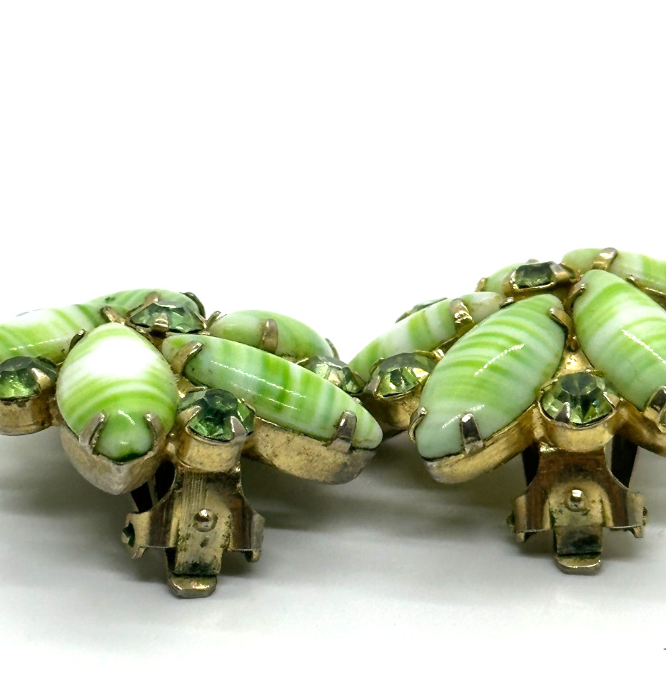 Vintage Green Striped Navette Glass Rhinestone Clip On Earrings Floral Cluster