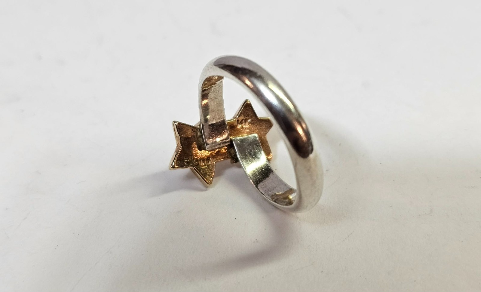 Sterling Silver & 14k Gold Woman Lady Fashion Ring W/ 2 Stars Sz 5″-3.31g-Tested