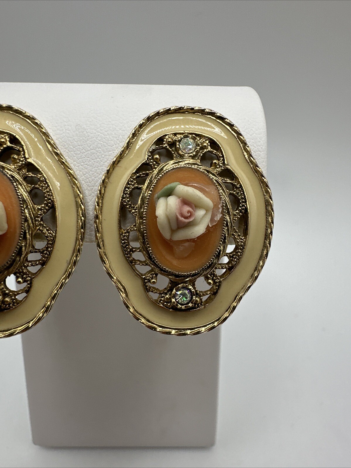 Vintage 1928 Gold Tone Orange & Cream Enamel AB Crystal Clip On Rose Earrings