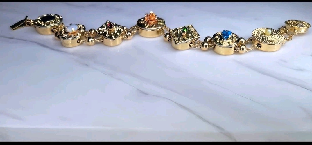 VERY RARE! Vintage Krementz Slide Bracelet 14/20 GF | 7 Decorative Slide Charms