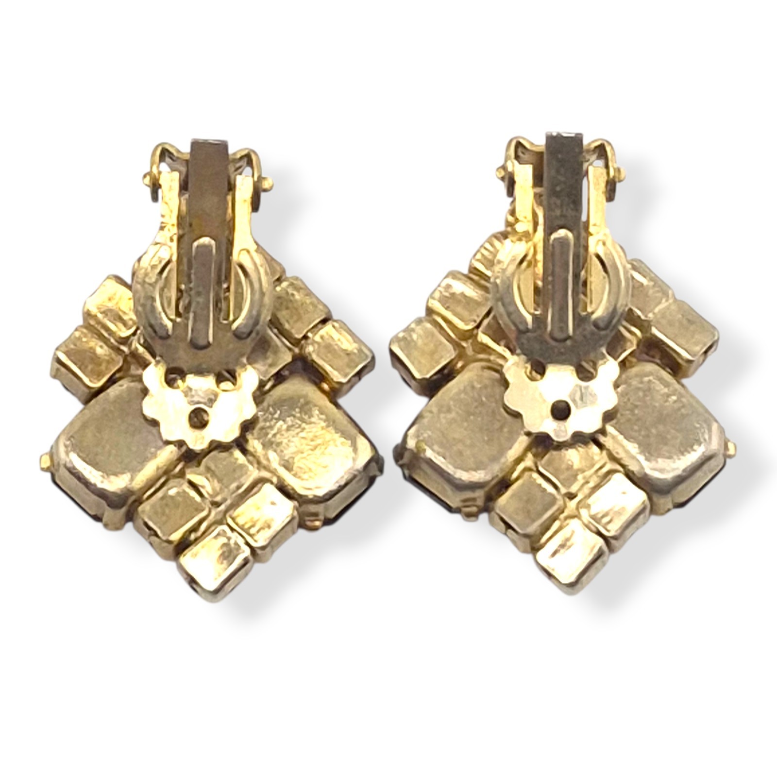 Stunning Fuchsia & Red Emerald Cut Rhinestone Cluster Clip On Vintage Earrings