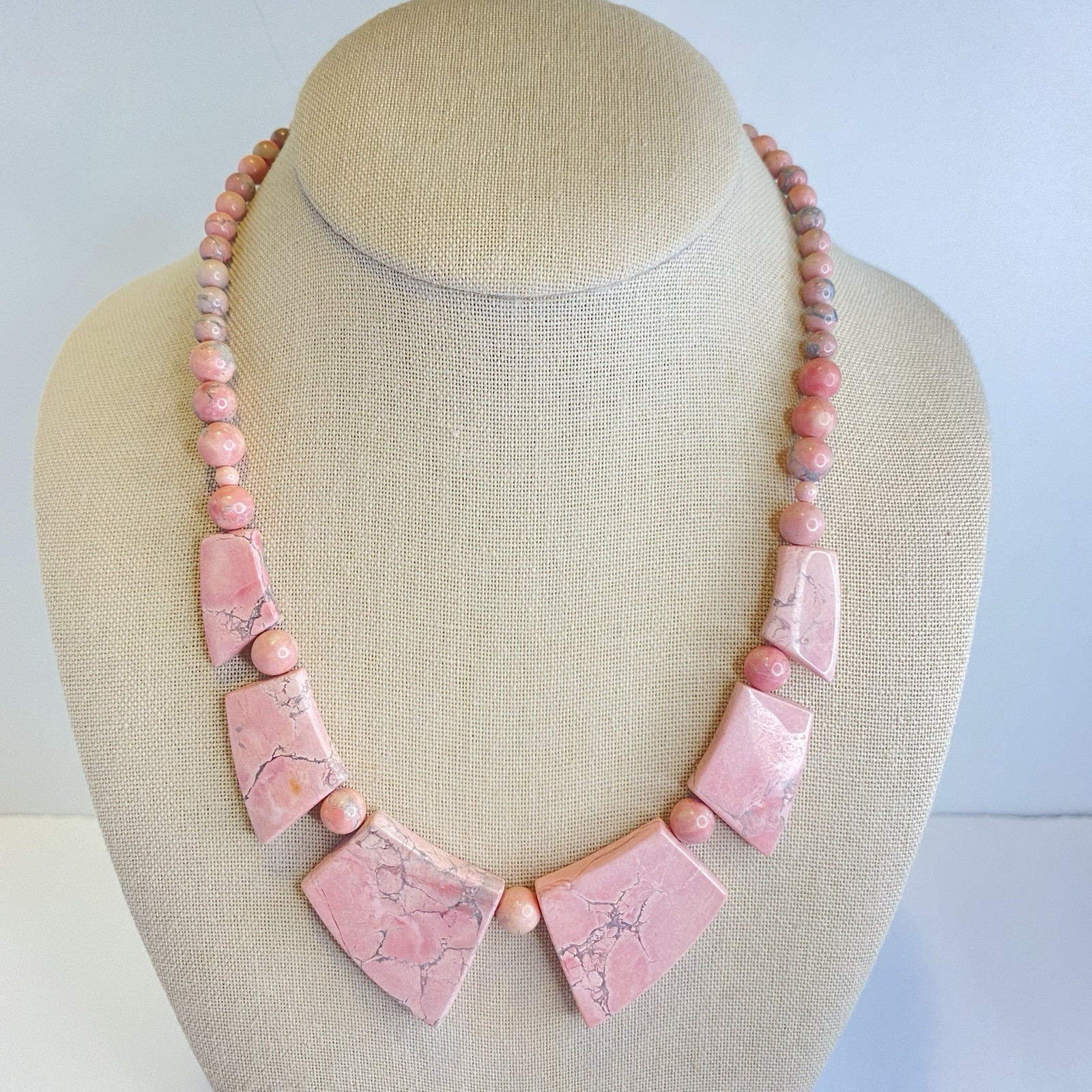 Vintage Pink Stone Necklace Natural Beaded Handmade Statement Artisan Rhodonite?