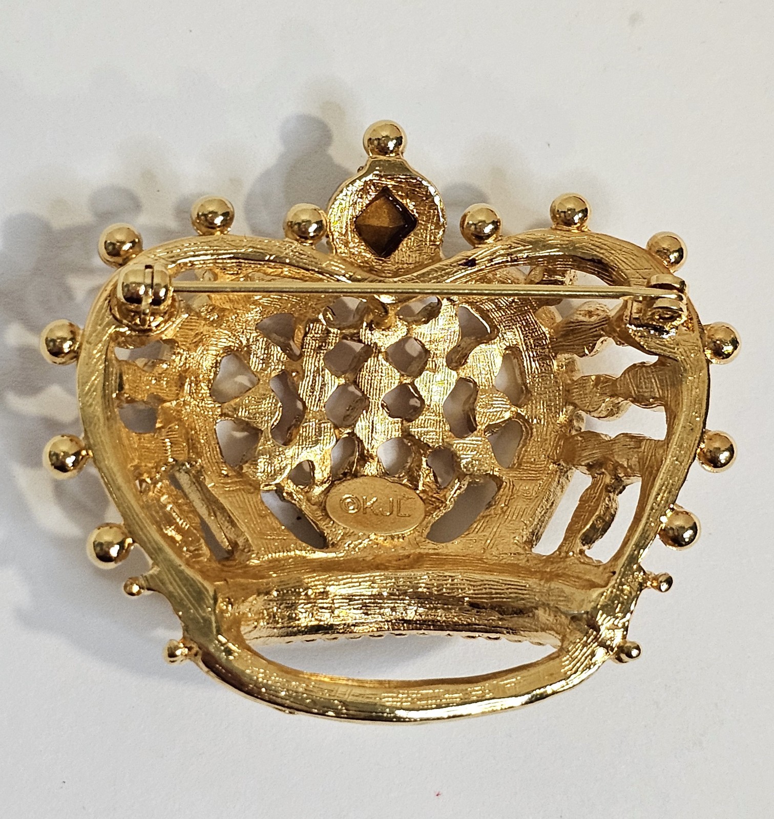 Kenneth Jay Lane crown brooch multicolor signed KJL with red pouch