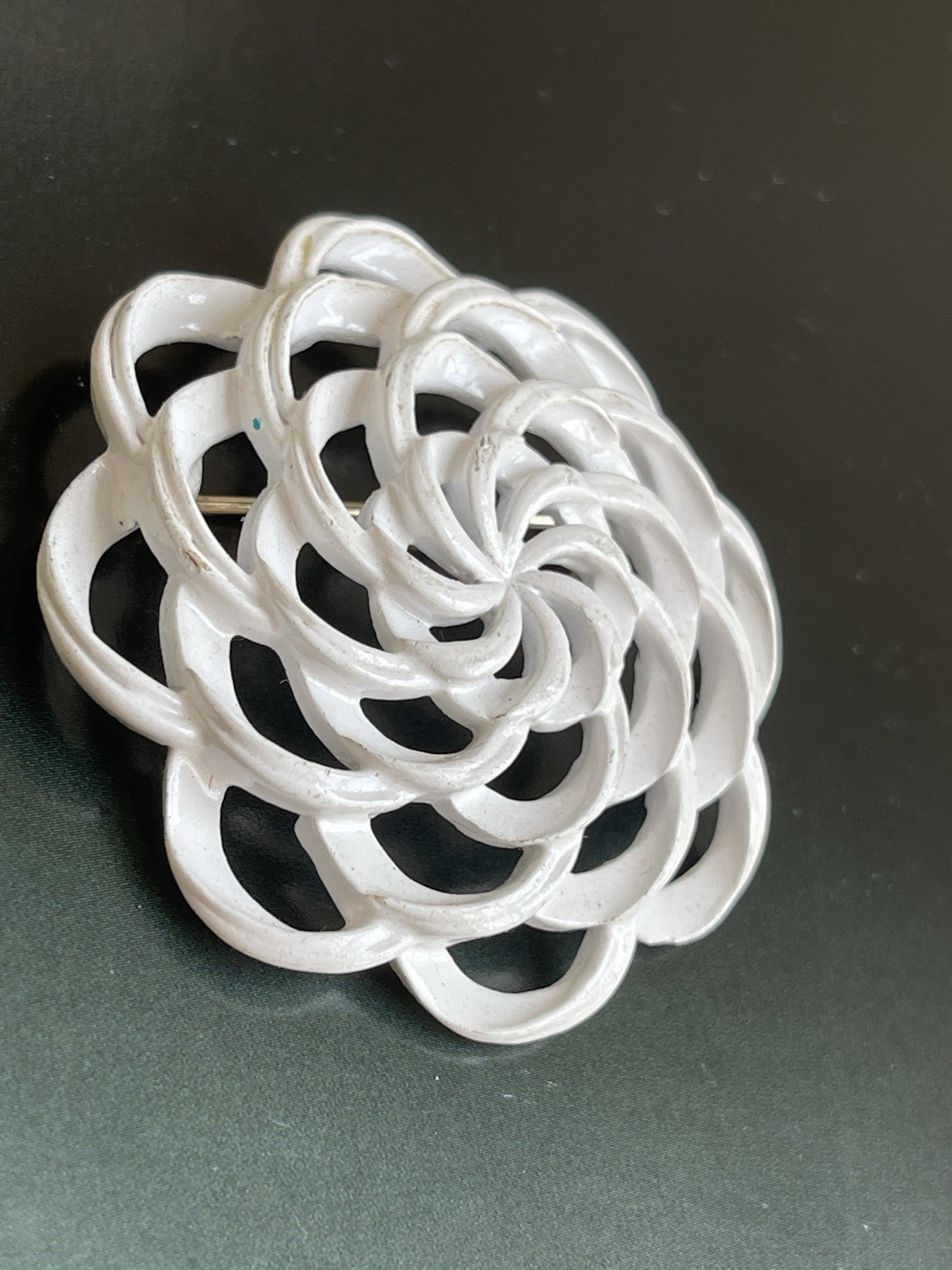 Vintage Signed Trifari White Enamel Spiral Brooch