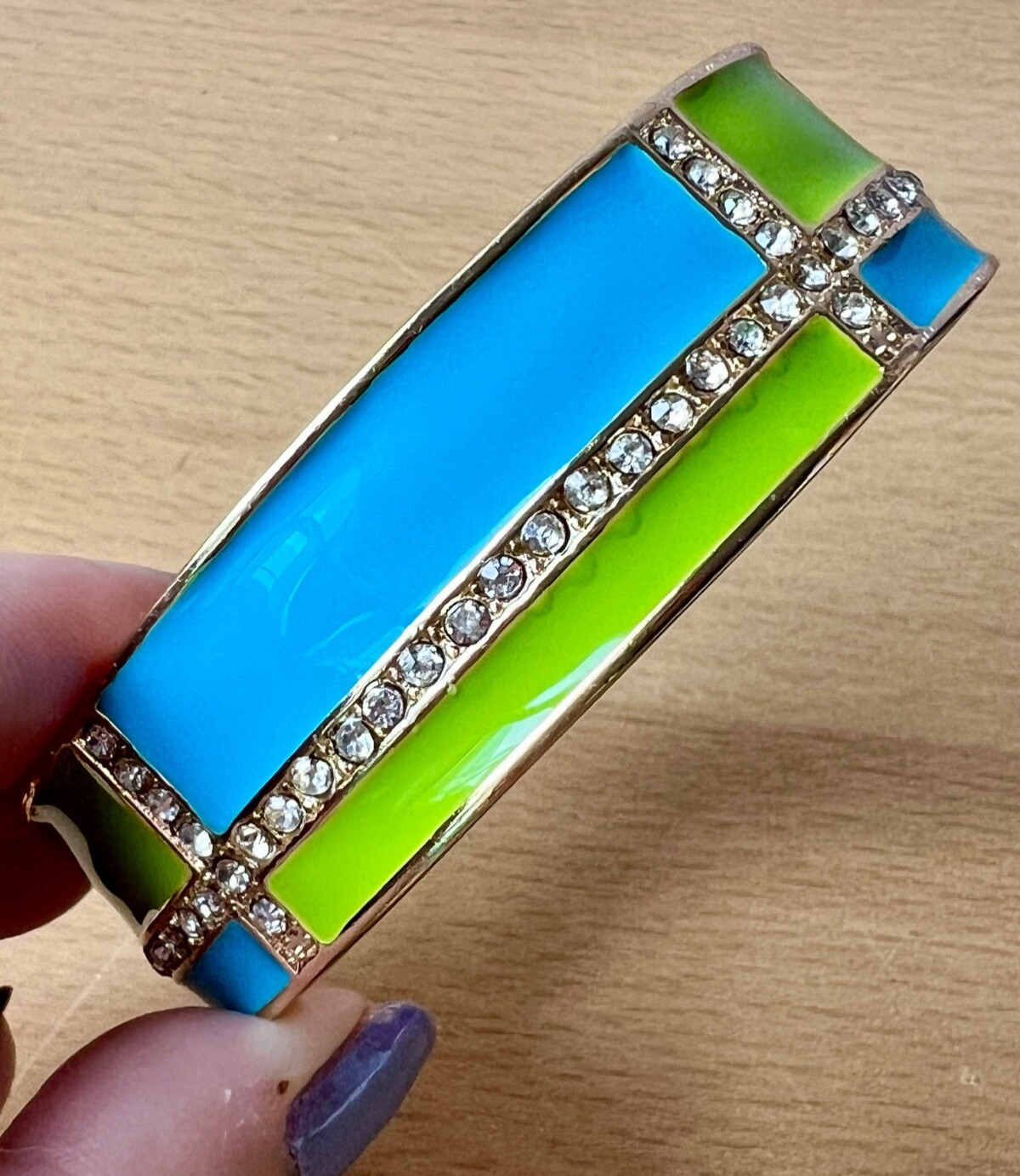 VINTAGE VIVID NEON GREEN & BLUE ENAMEL RHINESTONES HINGED WIDE BANGLE BRACELET
