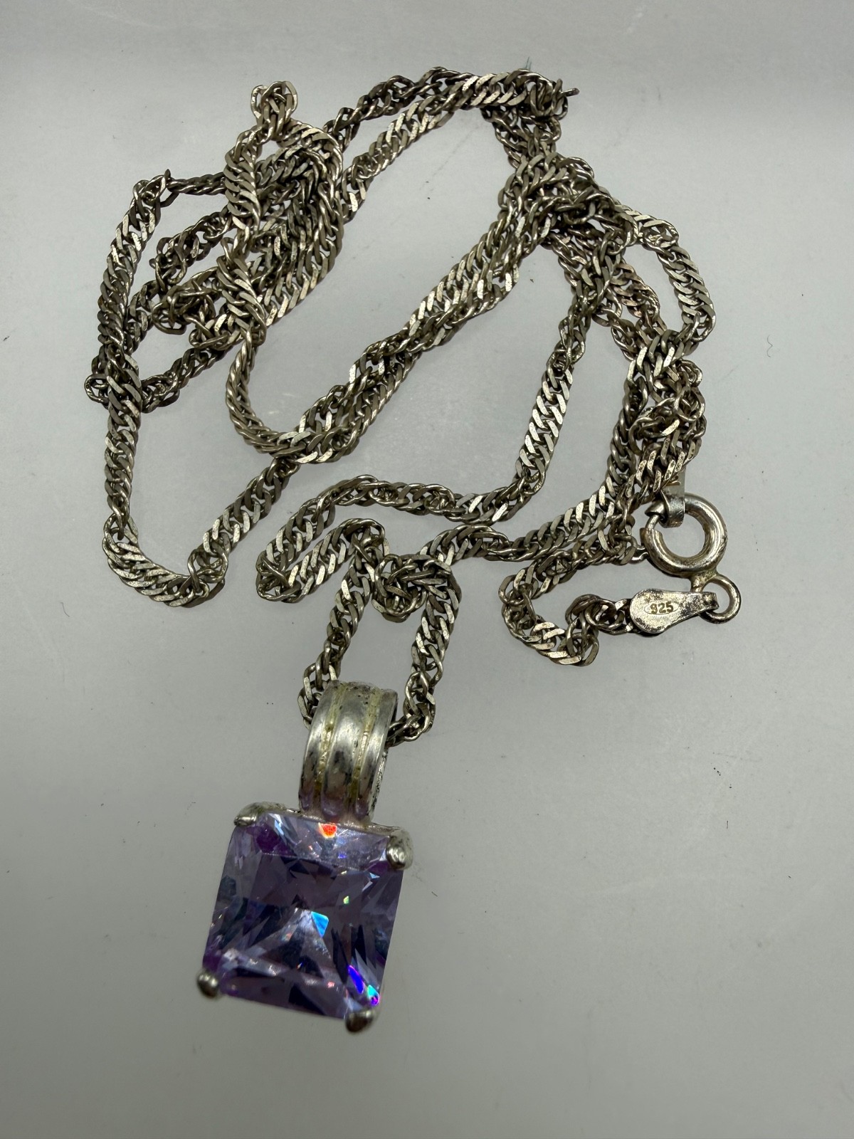 VINTAGE STERLING SILVER TWIST CHAIN PASTE AMETHYST PRINCESS CUT PENDANT NECKLACE