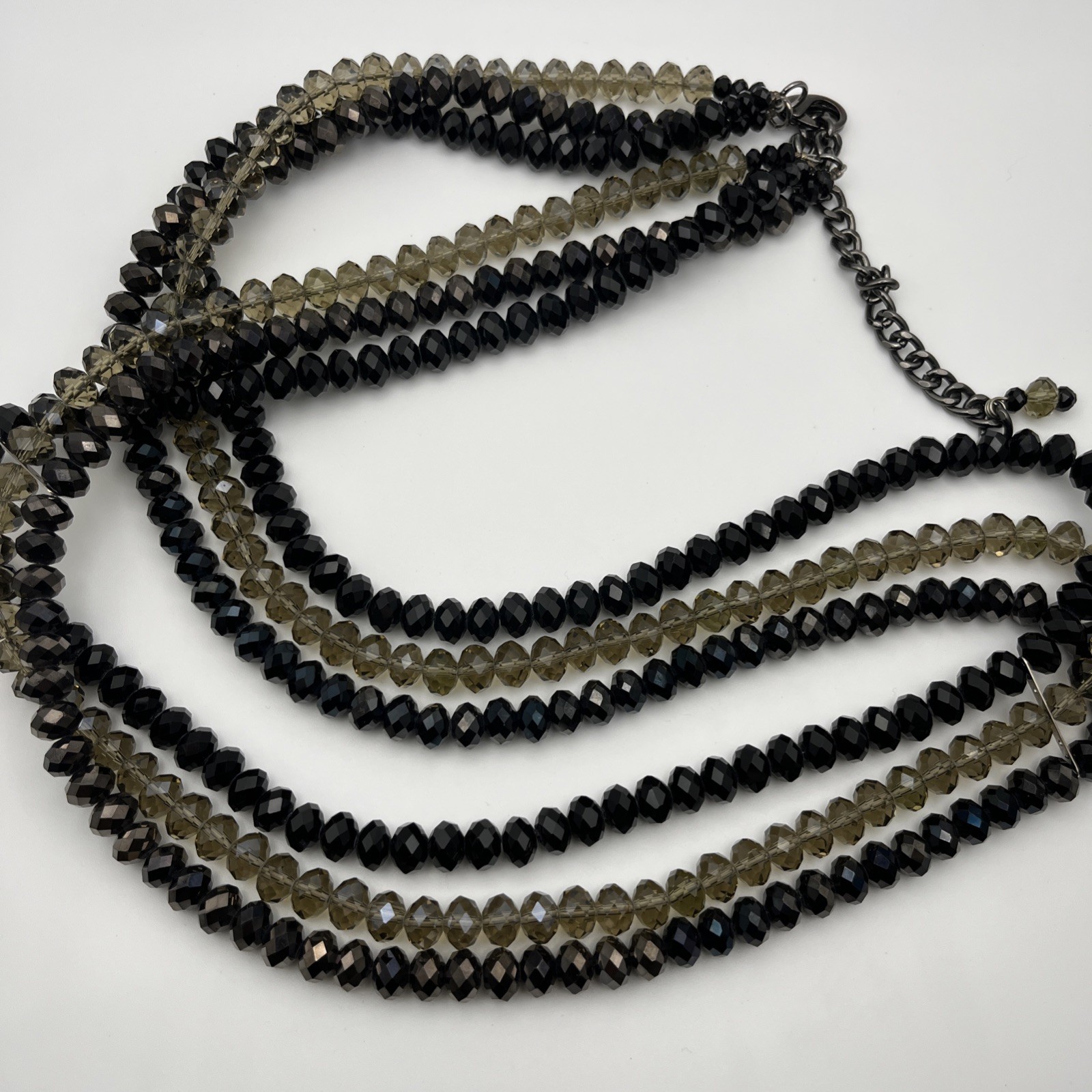 Faceted Beaded Statement Necklace Multi Strand Black Bronze Beige 40″