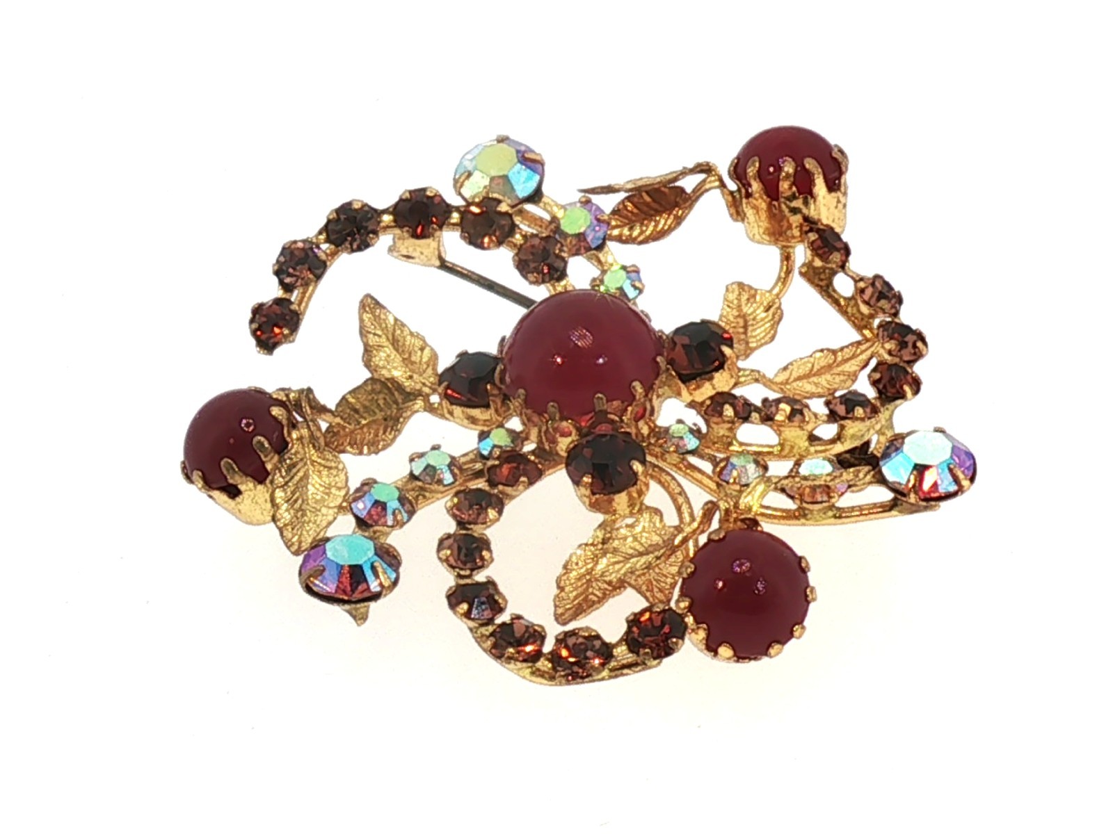 Vintage 1950s Austrian Red Cabochon Brooch — Layered Floral Spray