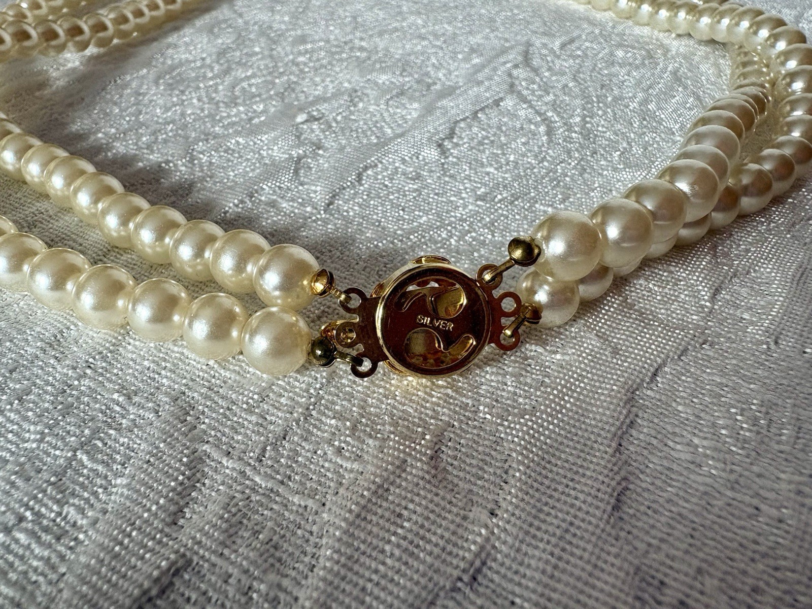 Vintage Double Strand White And Gray Pearl Necklace With Rhinestones- G Silver