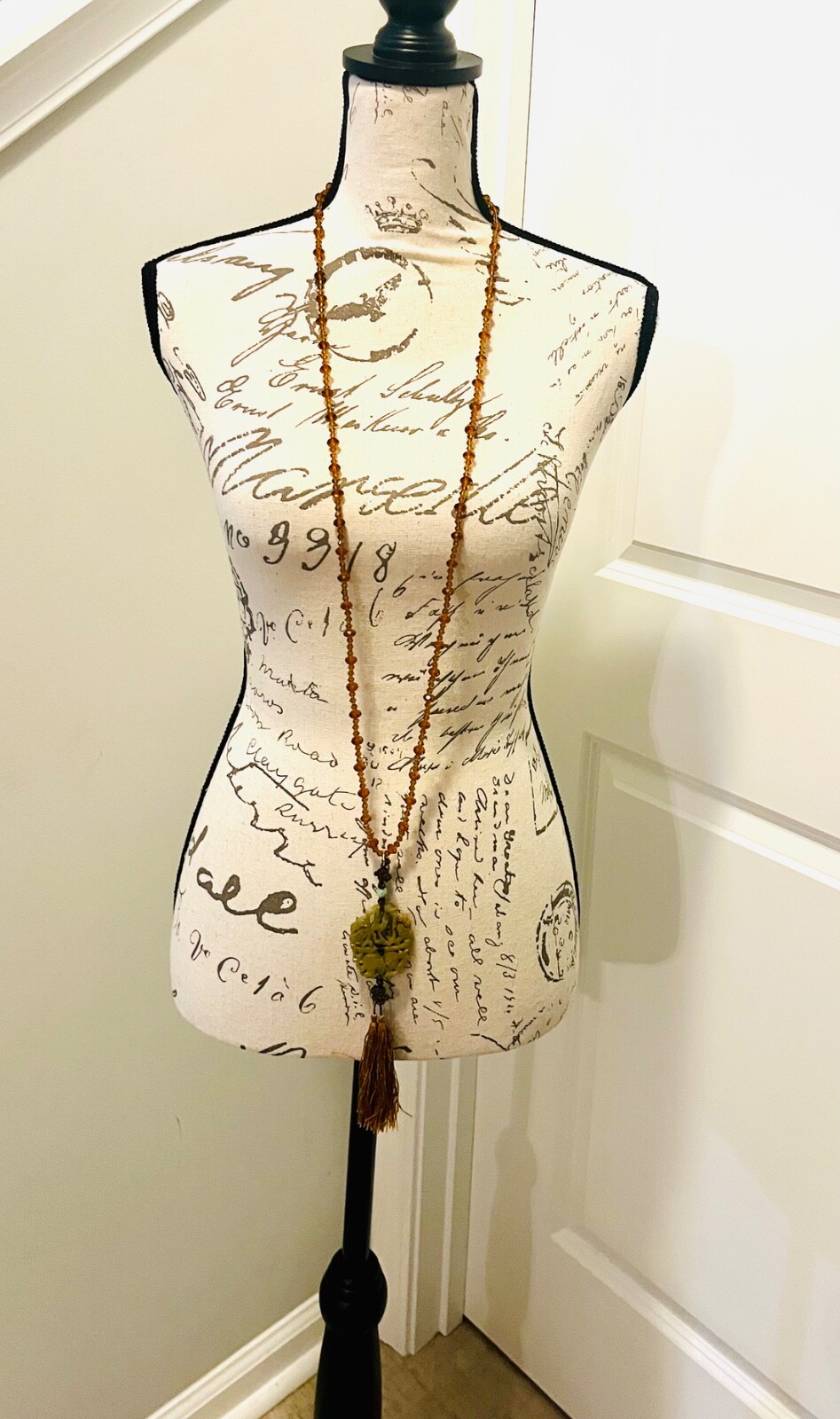 Vintage MCM Jade Pendant Necklace With Amber Glass Beads & Silk Tassel, STUNNING