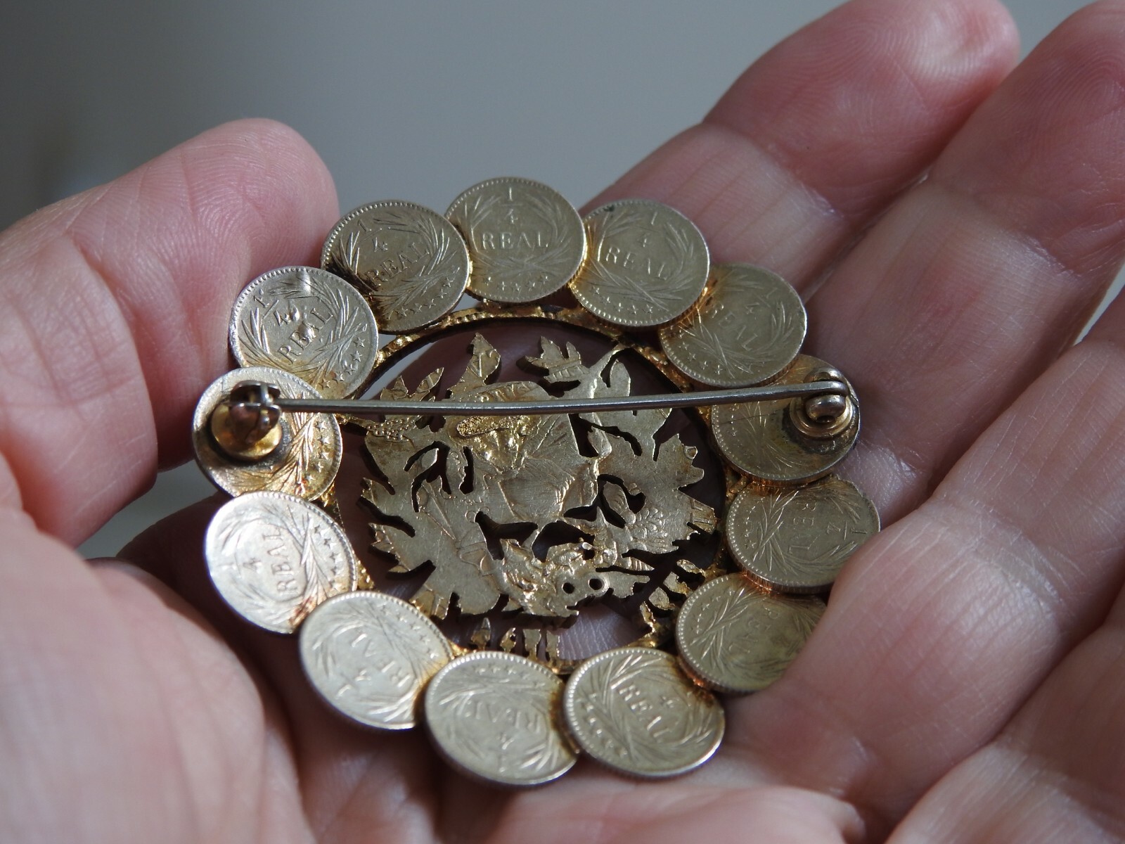 13 antique 1/4 REAL COINS & 1 PESO COIN PIN GUATEMALA silver brooch