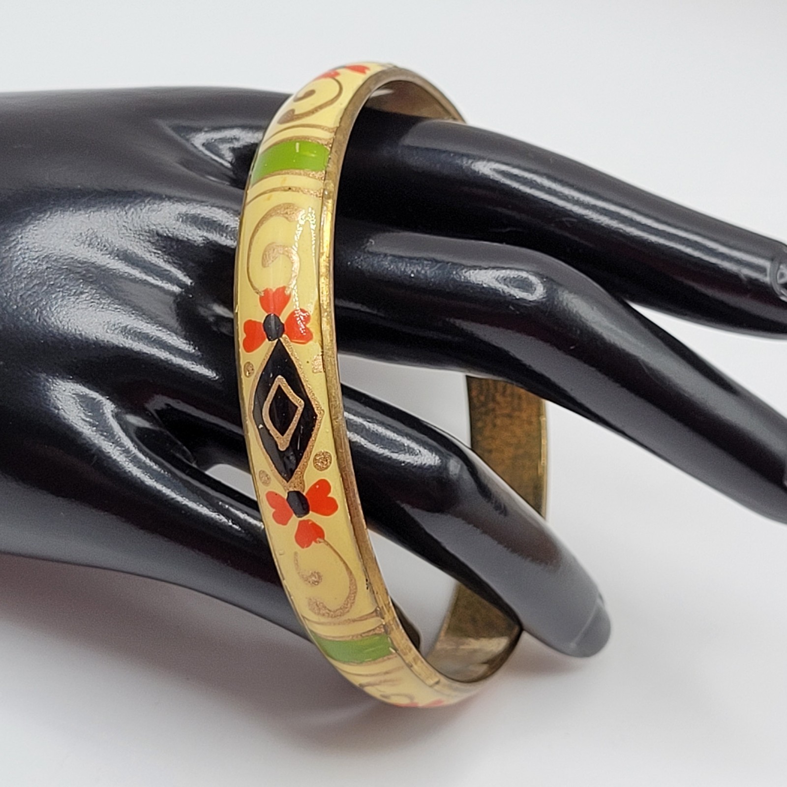 Hand Painted Cream Green Gold Enamel Vintage Bangle Brass Tone Bracelet 9 Inch