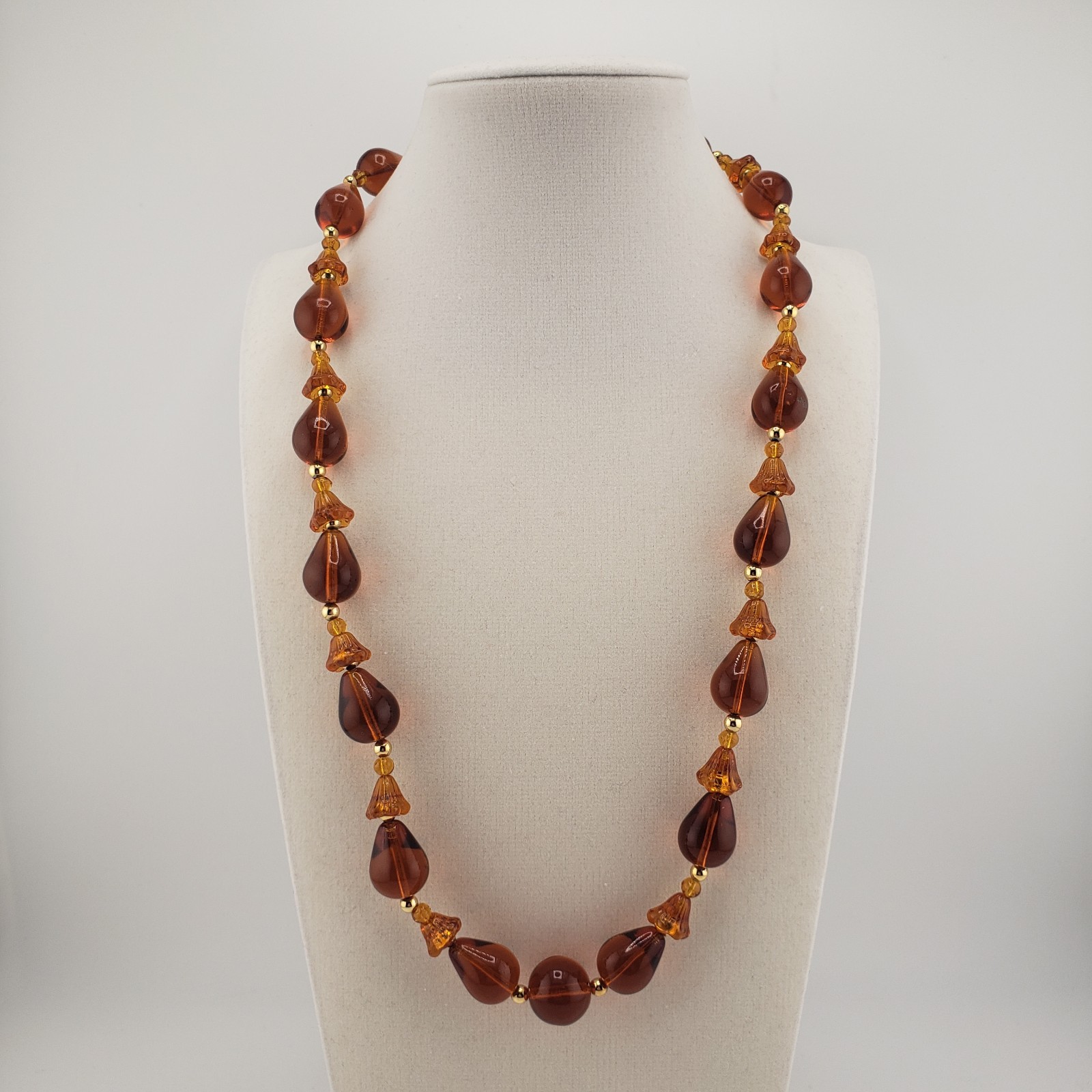 Glass Bead Necklace Chunky Multi Shapes Cognac Brown Earthy Boho Hippie VTG 22″