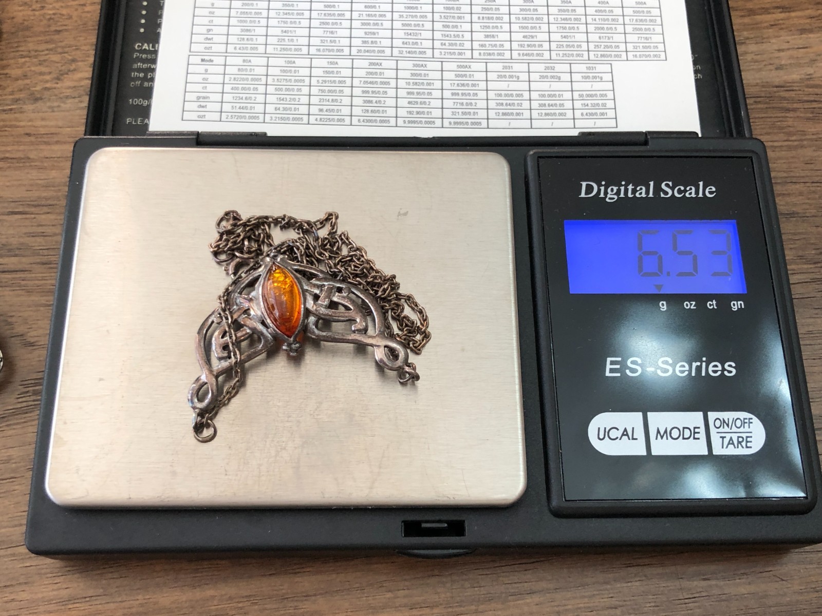 Vintage Kit Heath Sterling Silver & Amber Celtic Knot Pendant Necklace 18″