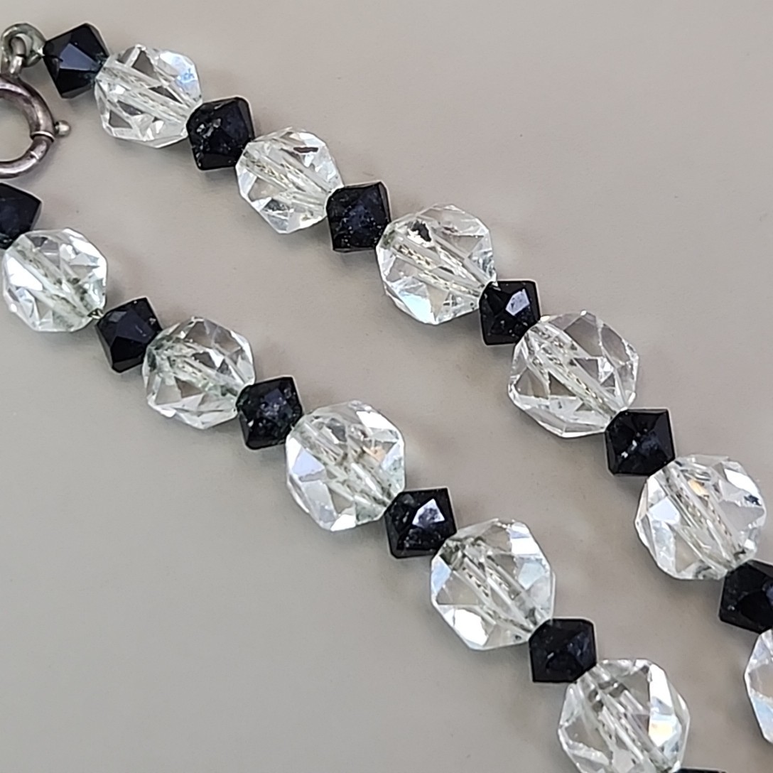 Vintage Glass Beaded Necklace Clear Round Black Bicone Accents 14.75″