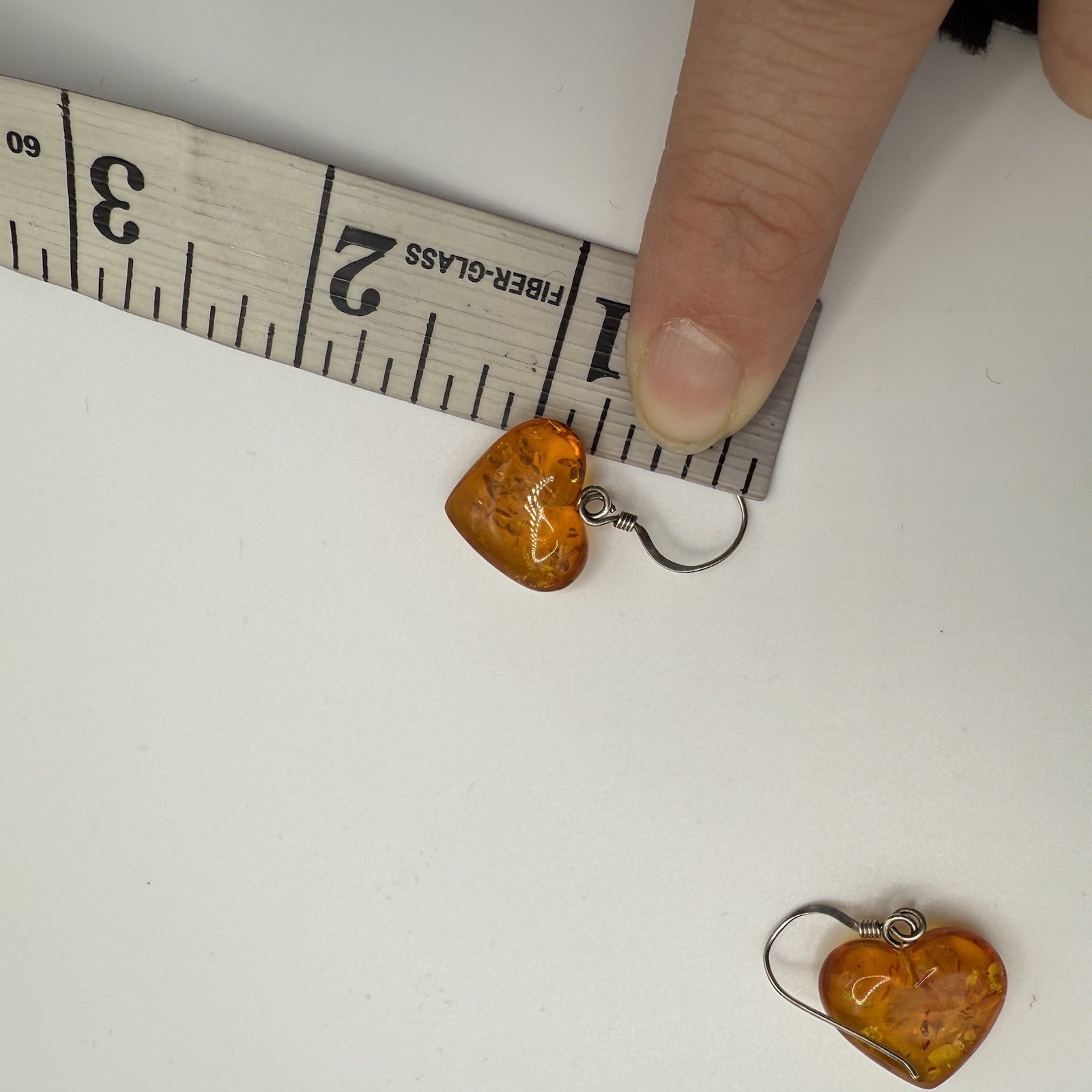 Vintage Faux Amber Resin Lucite Heart Drop Dangle Earrings 925 Sterling Silver