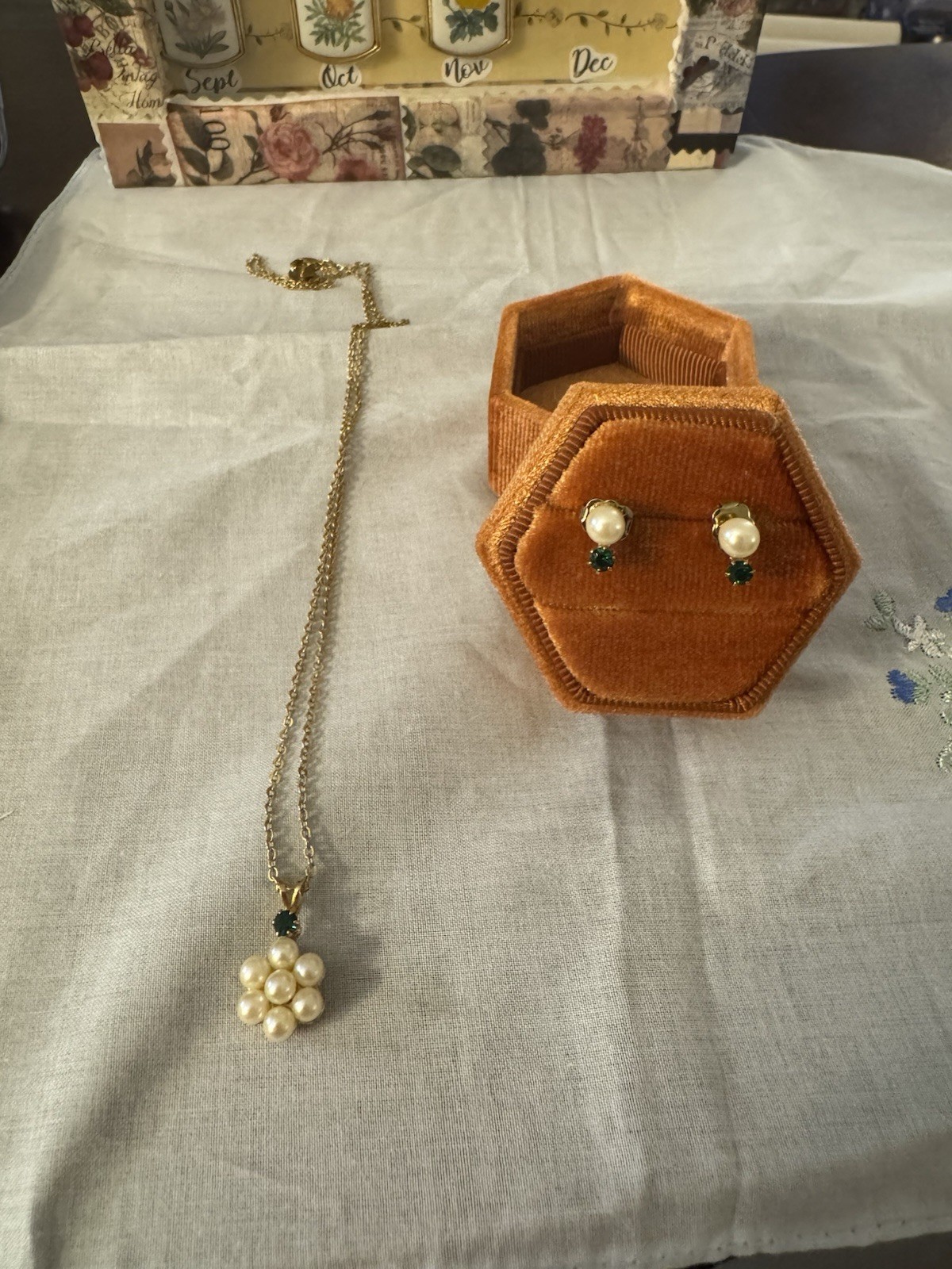 Vintage Avon Pearlesque Necklace and Earrings Set: May Emerald Accent Old Stock