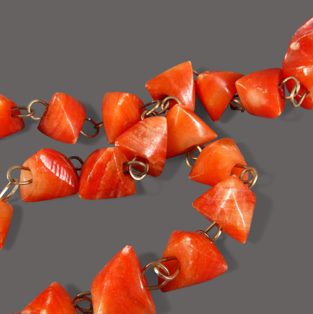 Vintage CARVED ORANGE CORAL NECKLACE Gold Filled BEADED TASSEL PENDANT Spirals