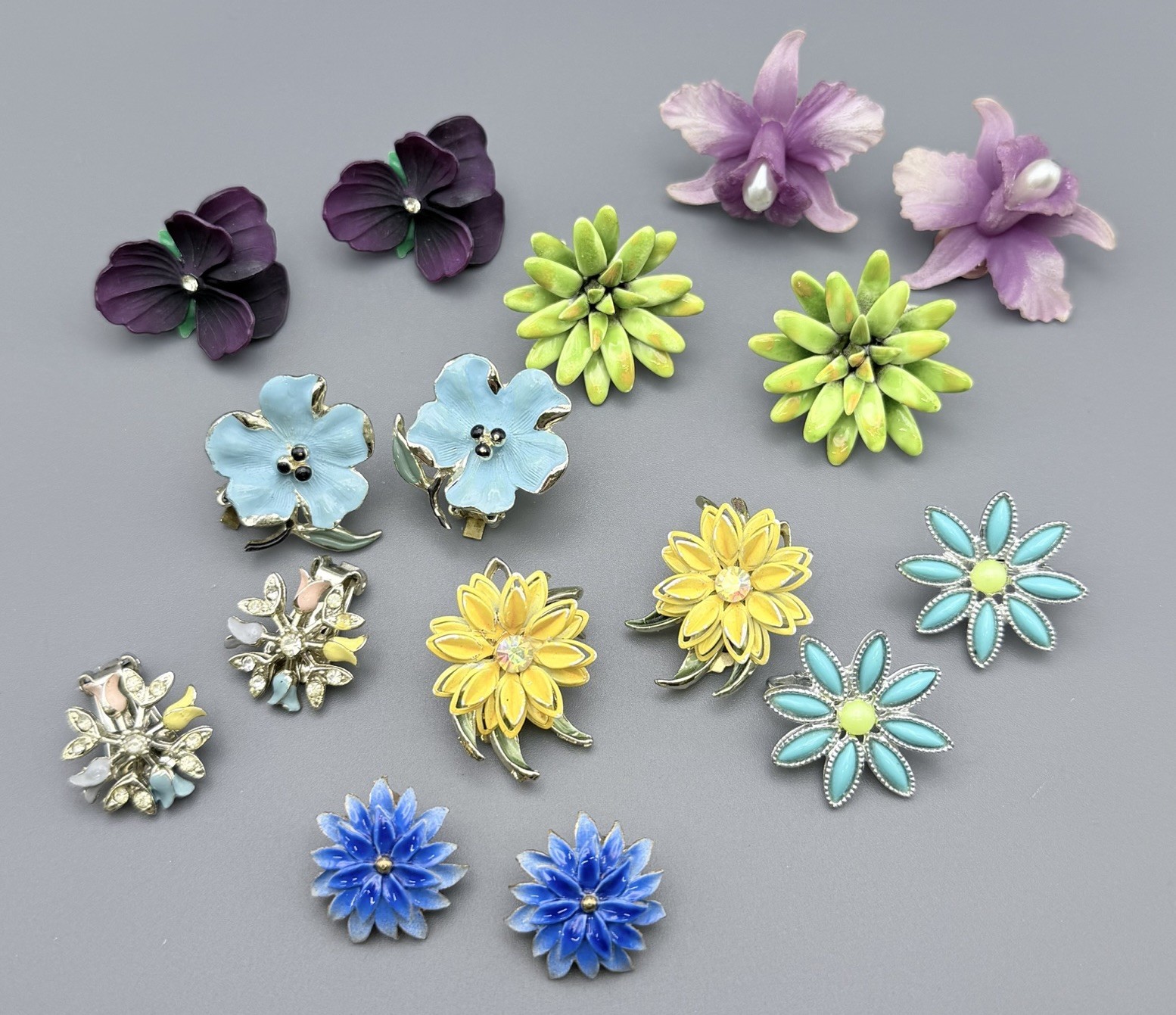 Vintage Flower Clip On Earrings Floral Lot Of 8 Orchid Pansies Tulip Multi Color