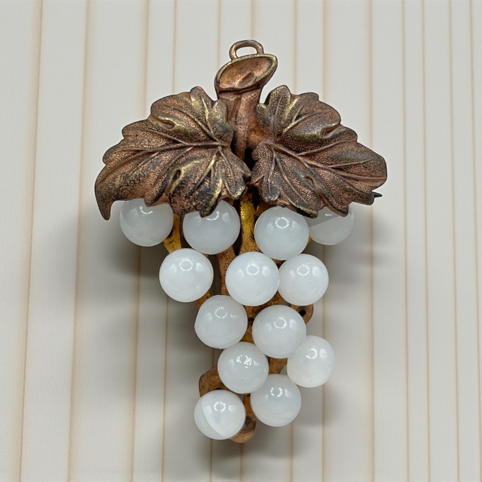 Antique White stone Moonglow Grape bunch Brooch Pendant Copper leaves C-clasp