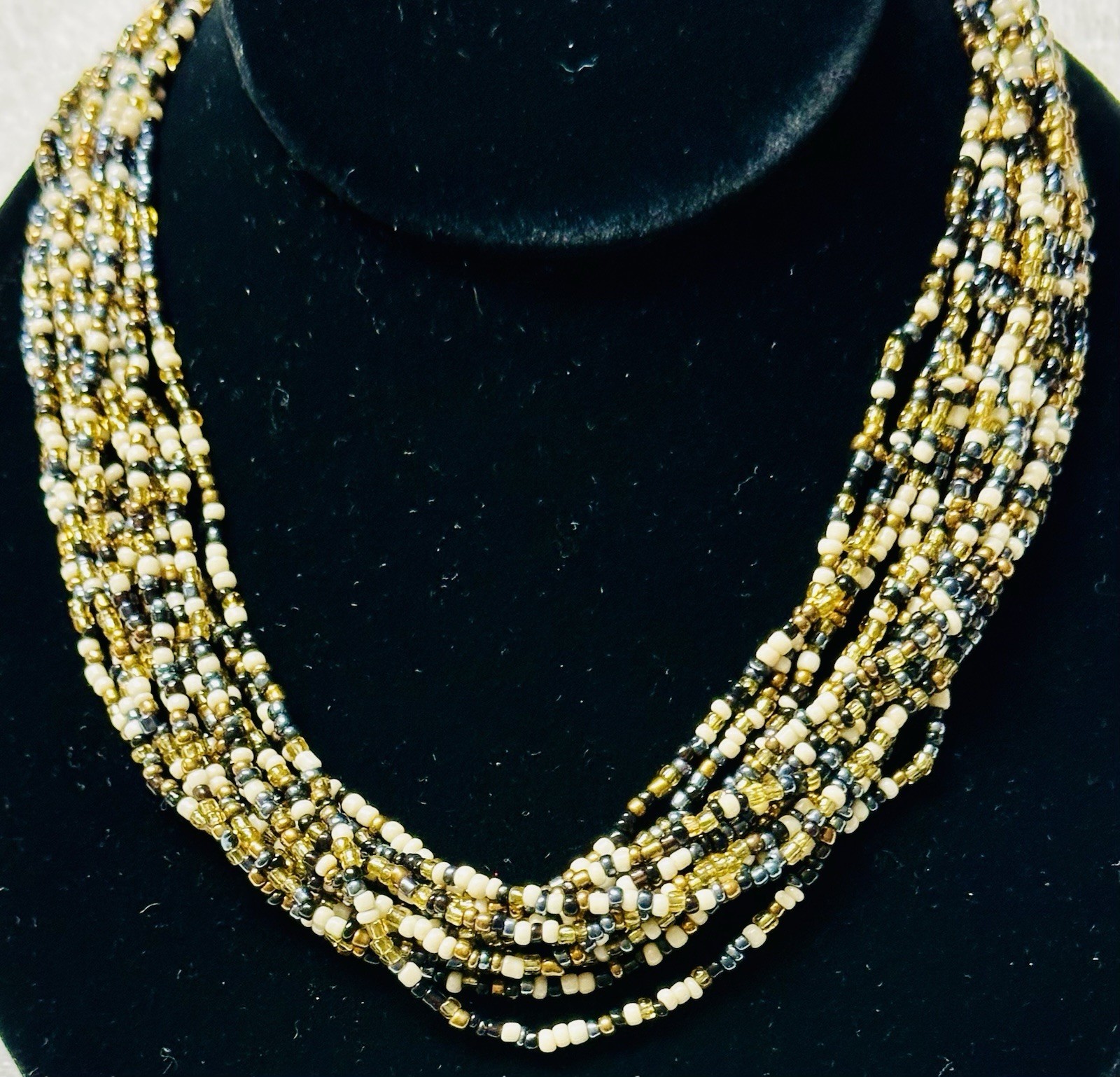 Vintage Black White Brown Seed Bead Multi Strand Torsade Necklace n0185
