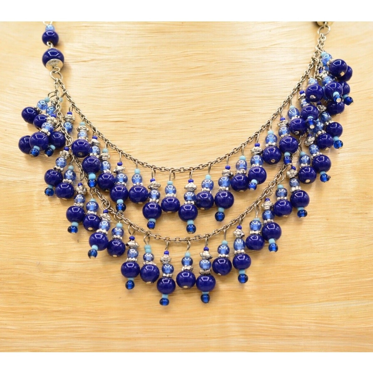 Vintage Beaded Necklace Glass Blue Silver Evil Eye Mediterranean Fringe 1990s 9A