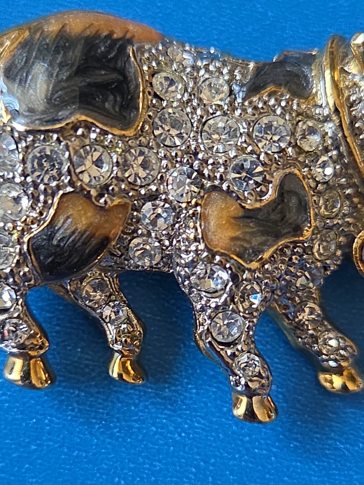 Vintage Cow~Bull Pin/Brooch~Clear, Green & Red Rhinestones & Enamel Goldtone Pin