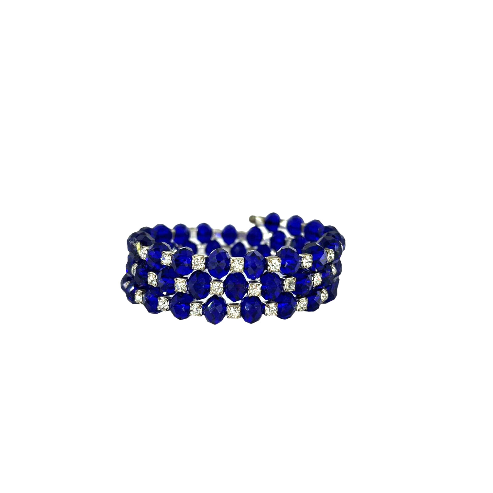 Vintage Multi Strand Crystal Bracelet Blue with Clear Rhinestone Stretch Wrap