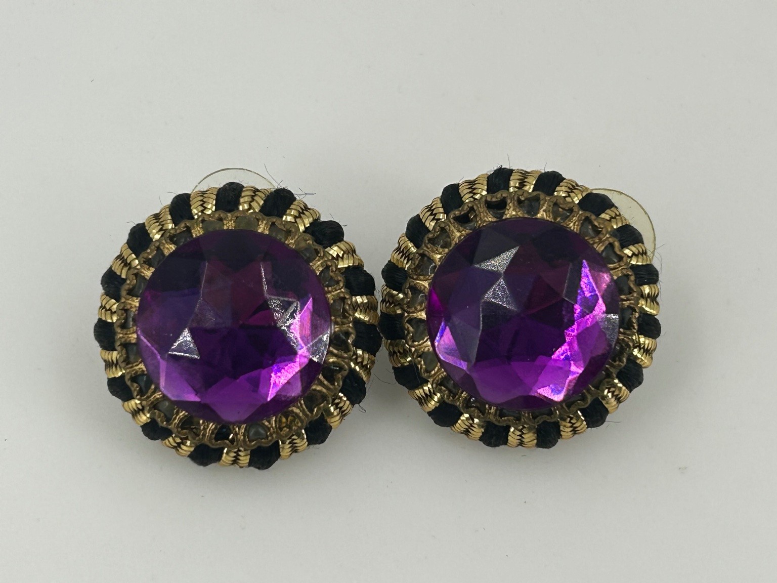 Vintage Stud Earrings Gold Tone Round Purple Faceted Stone Acrylic